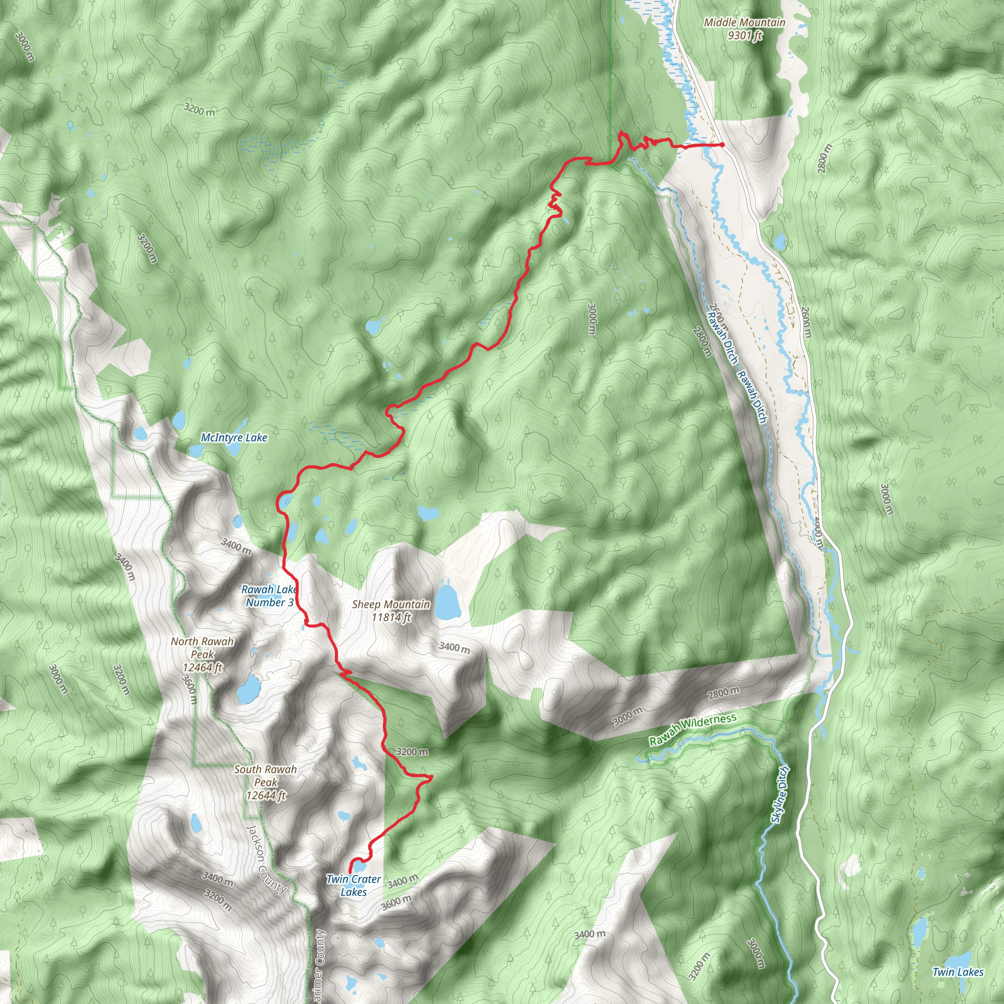Twin Crater Lakes via Rawah Trail mobile static map