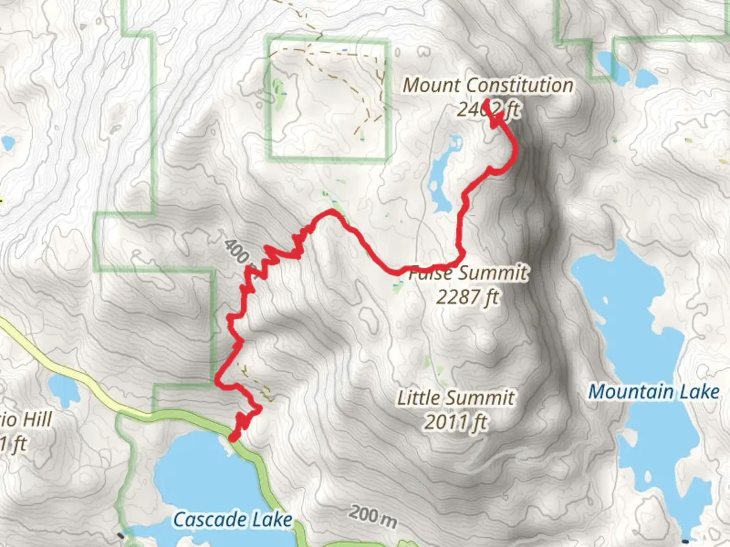 An image depicting the trail Mount Constitution via Cold Springs Trail and Little Summit Trail and its surrounding area.