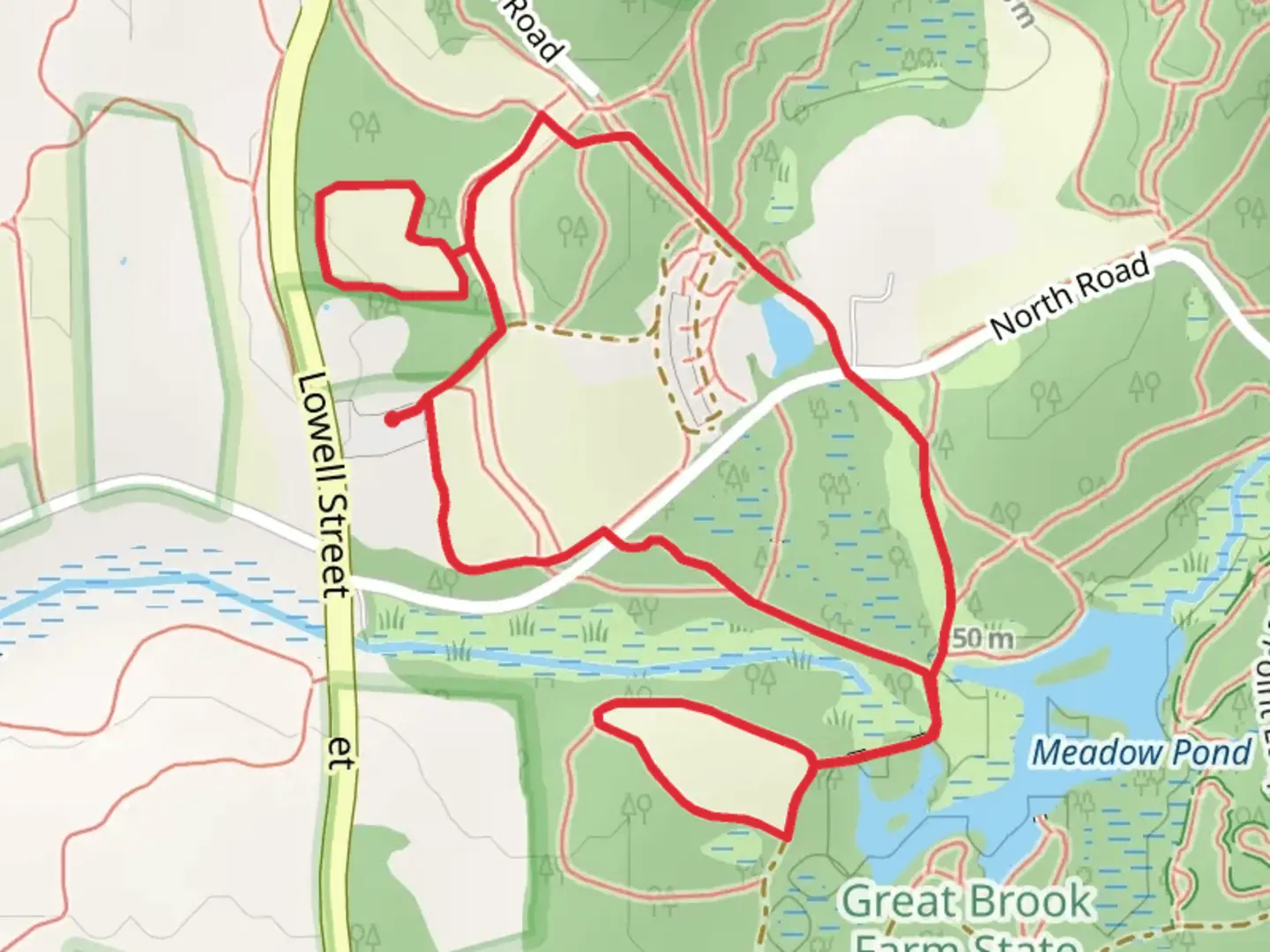 An image depicting the trail Meadow Pond via Maple Ridge and Lantern Loop and its surrounding area.