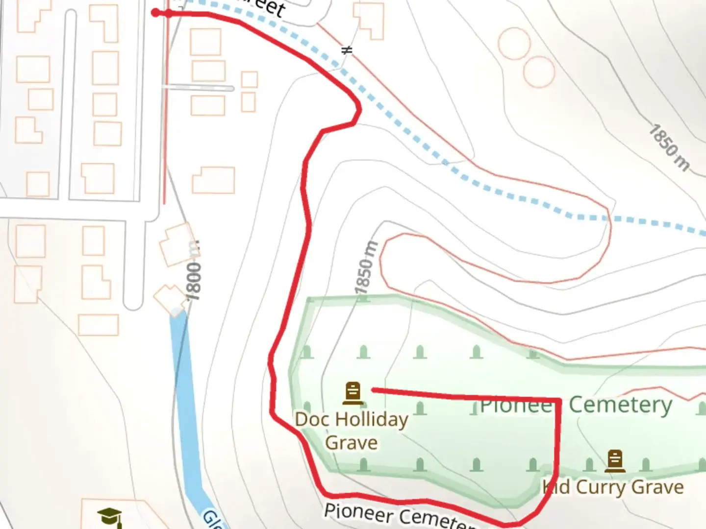 An image depicting the trail Pioneer Cemetery Trail and its surrounding area.
