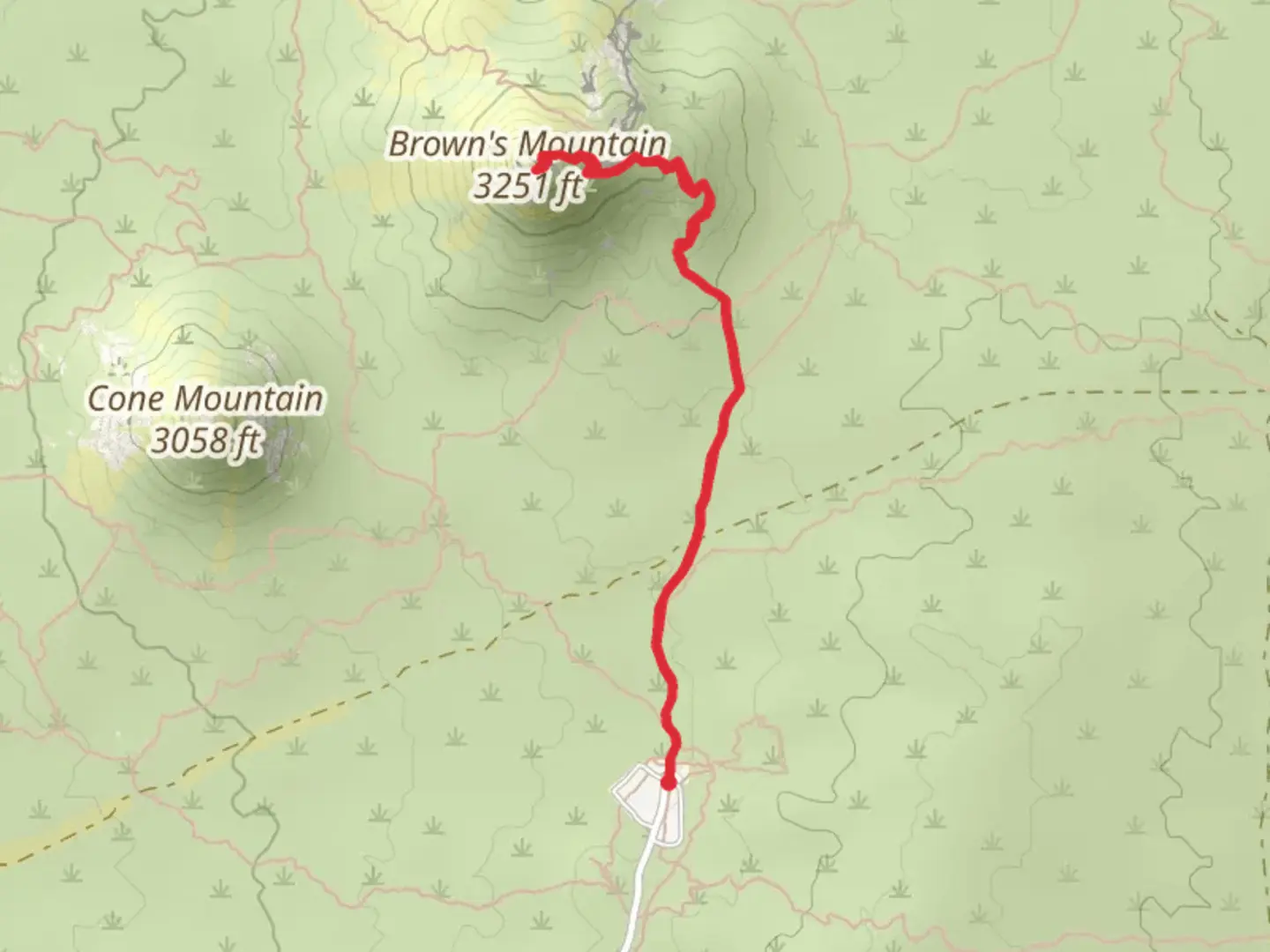 An image depicting the trail Brown's Mountain via Brown's Ranch Road and its surrounding area.