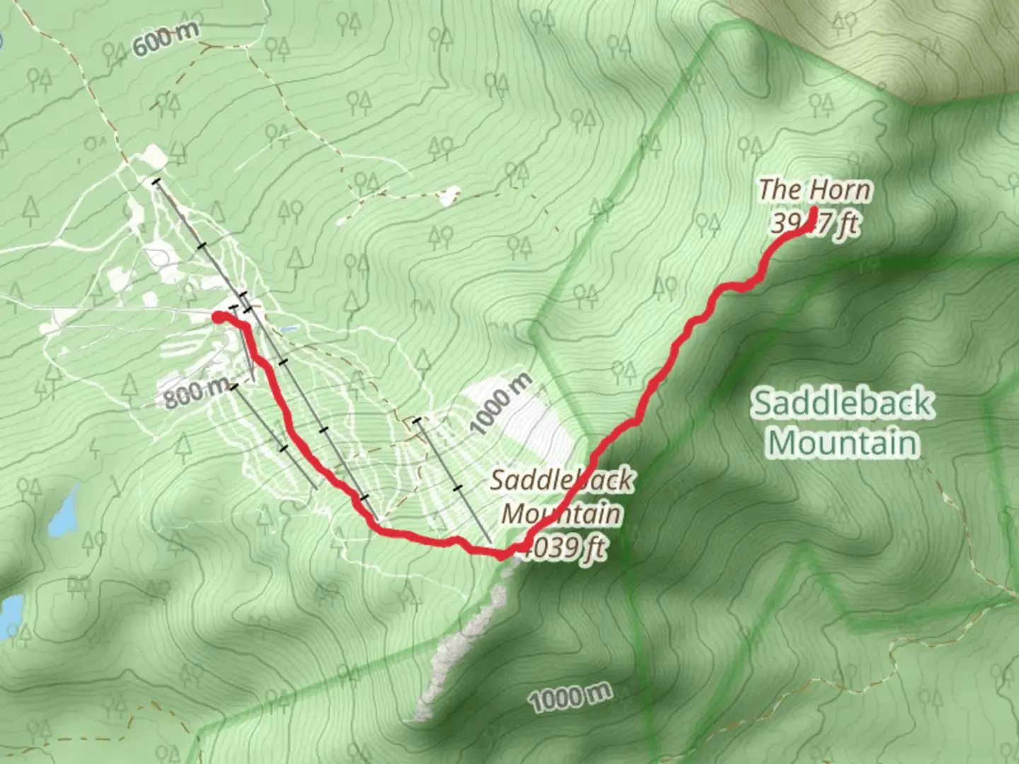 An image depicting the trail The Horn and Saddleback Mountain and its surrounding area.