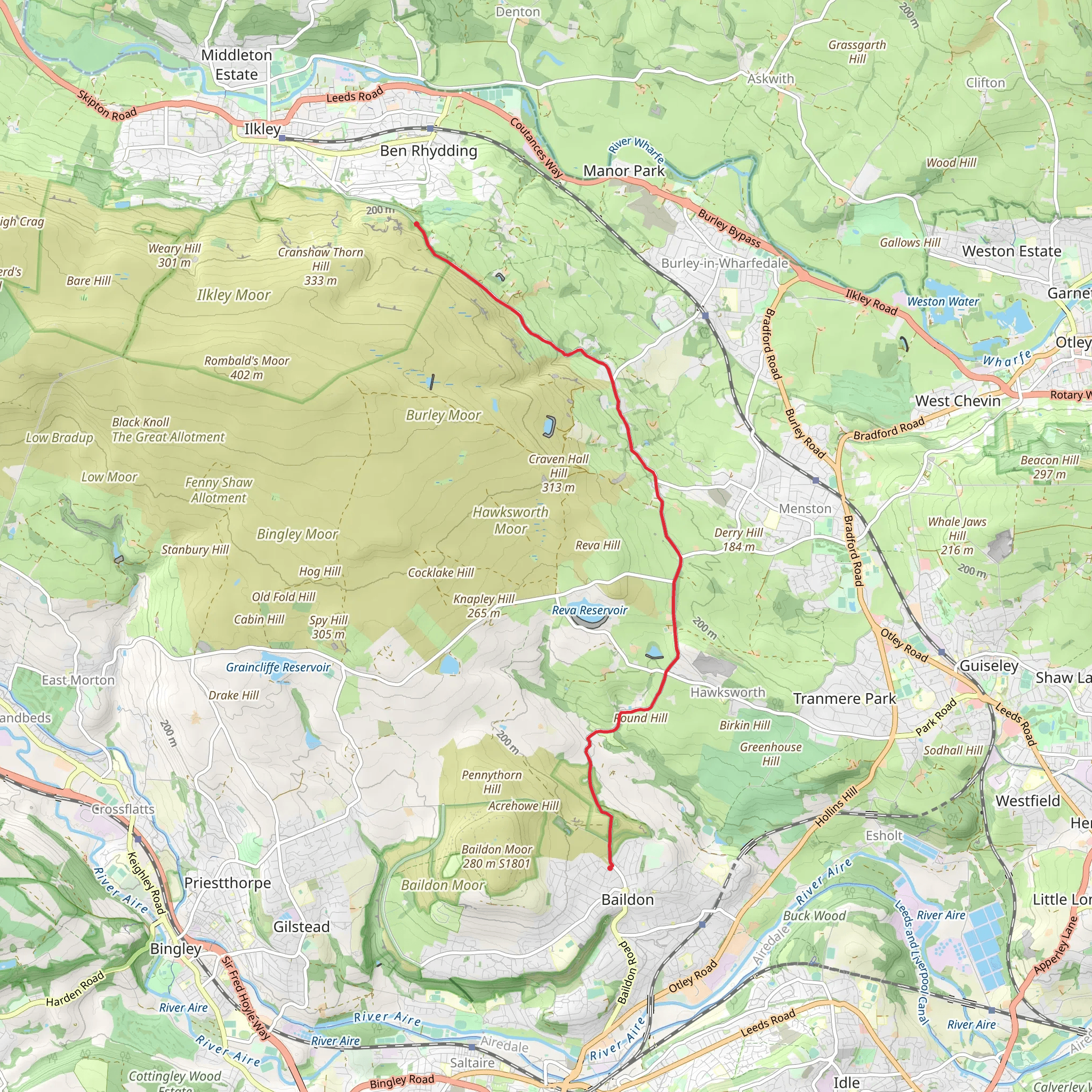 Baildon to Ben Rhydding Walk mobile static map