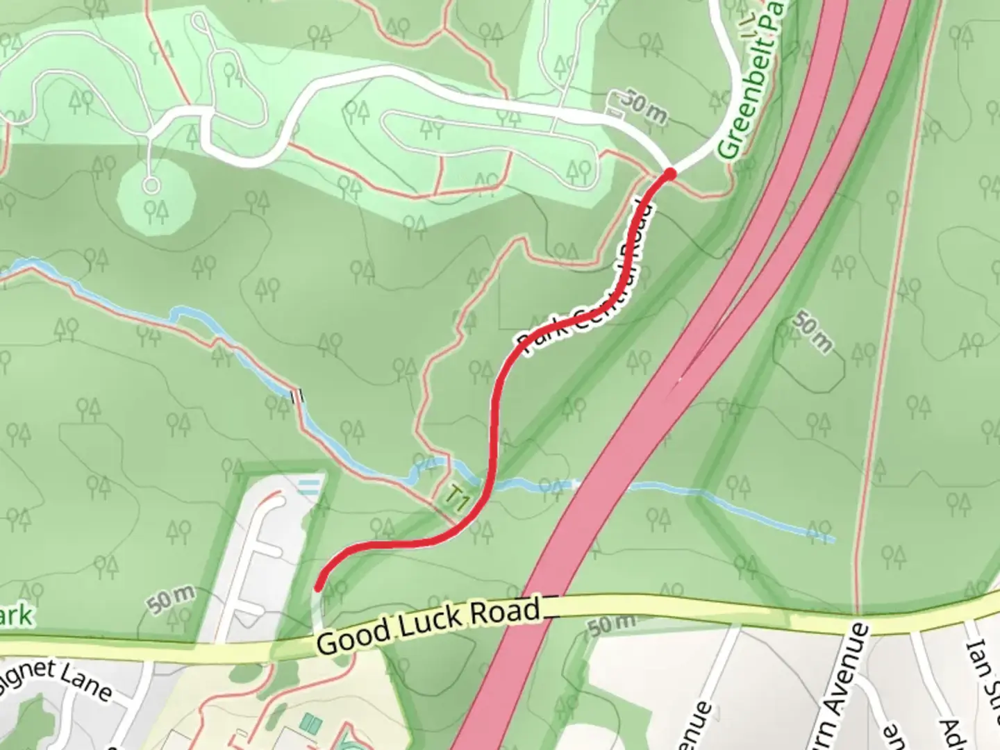 An image depicting the trail Park Central Road and its surrounding area.