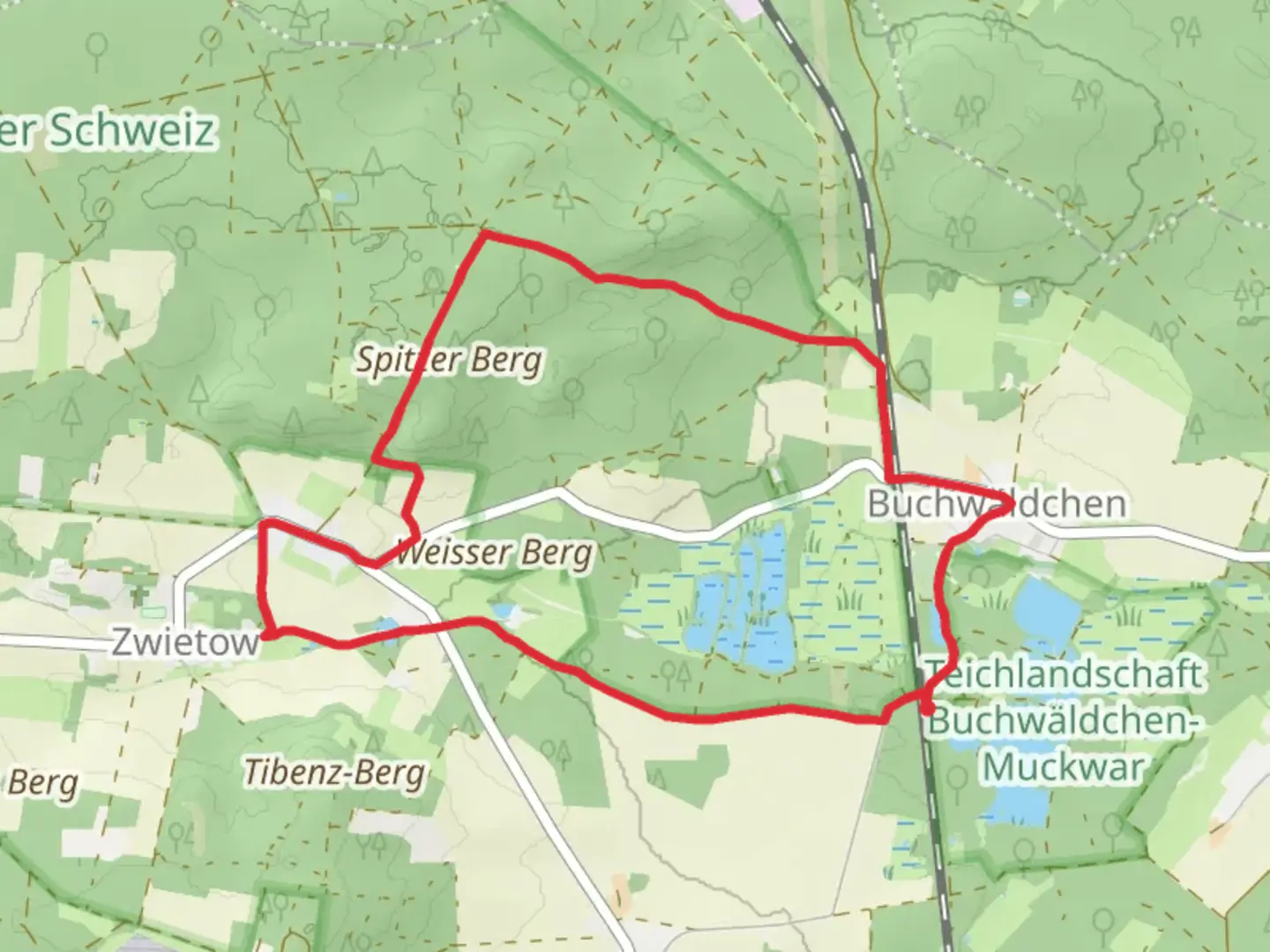 An image depicting the trail Buchwäldchen and Weißag Loop via Mittelteichgruppe and its surrounding area.