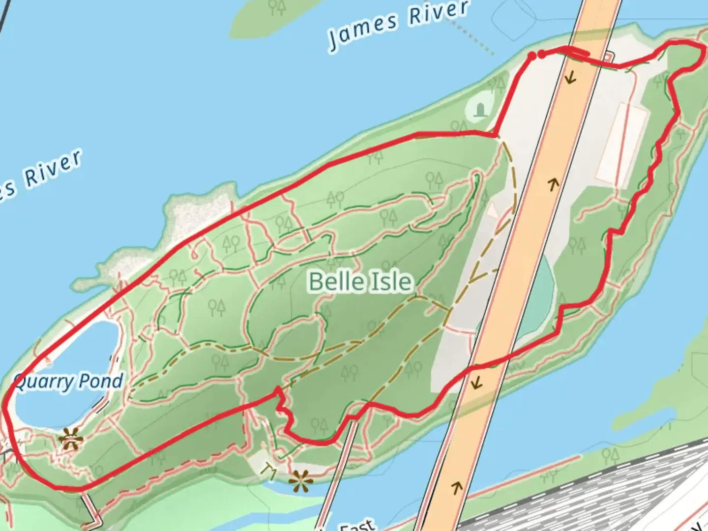 An image depicting the trail Quarry Pond and Belle Isle Loop and its surrounding area.