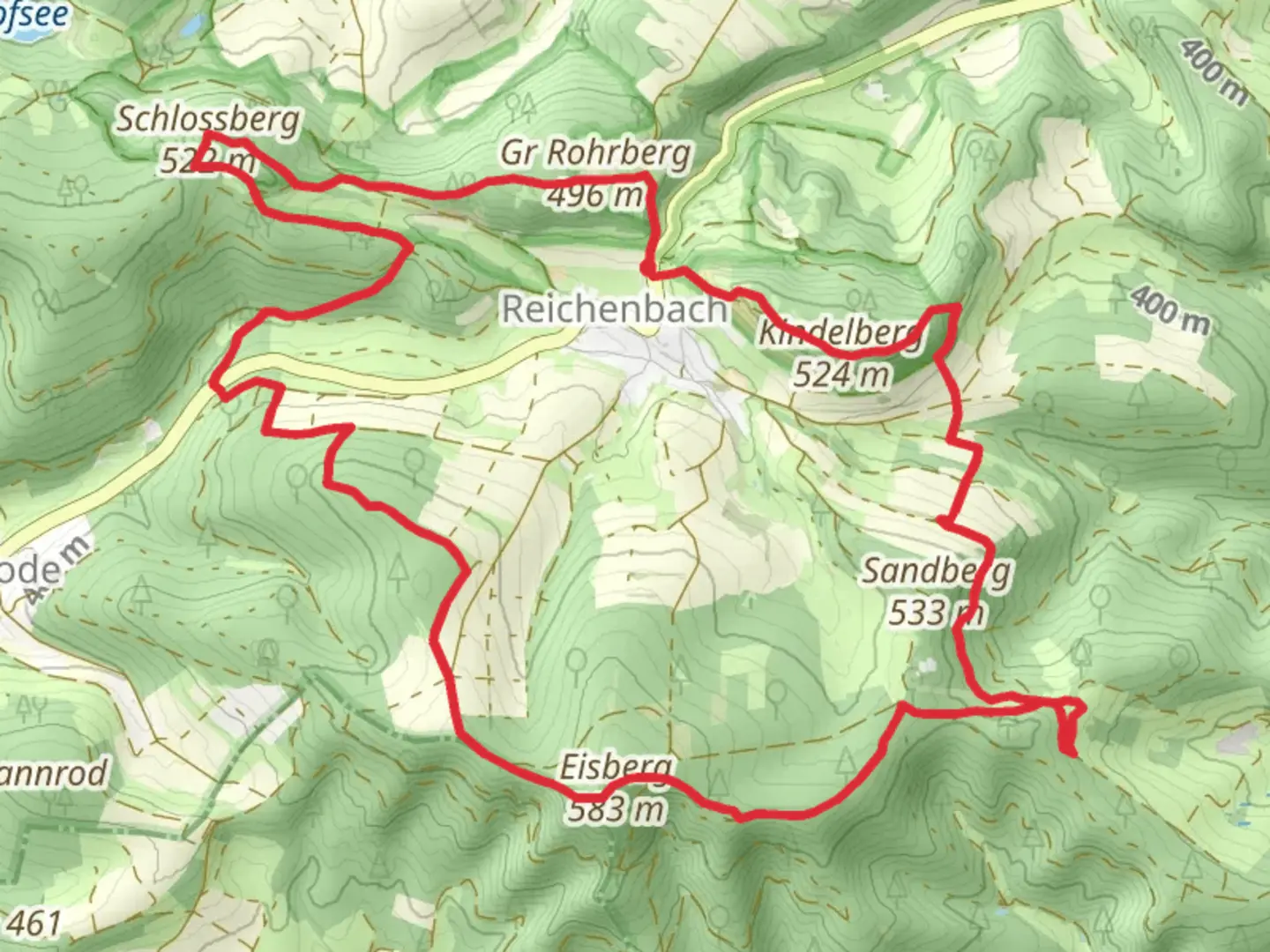 An image depicting the trail Eisberg, Burg Reichenbach and Schlossberg via Premiumweg Reichenbach and Grimmsteig and its surrounding area.