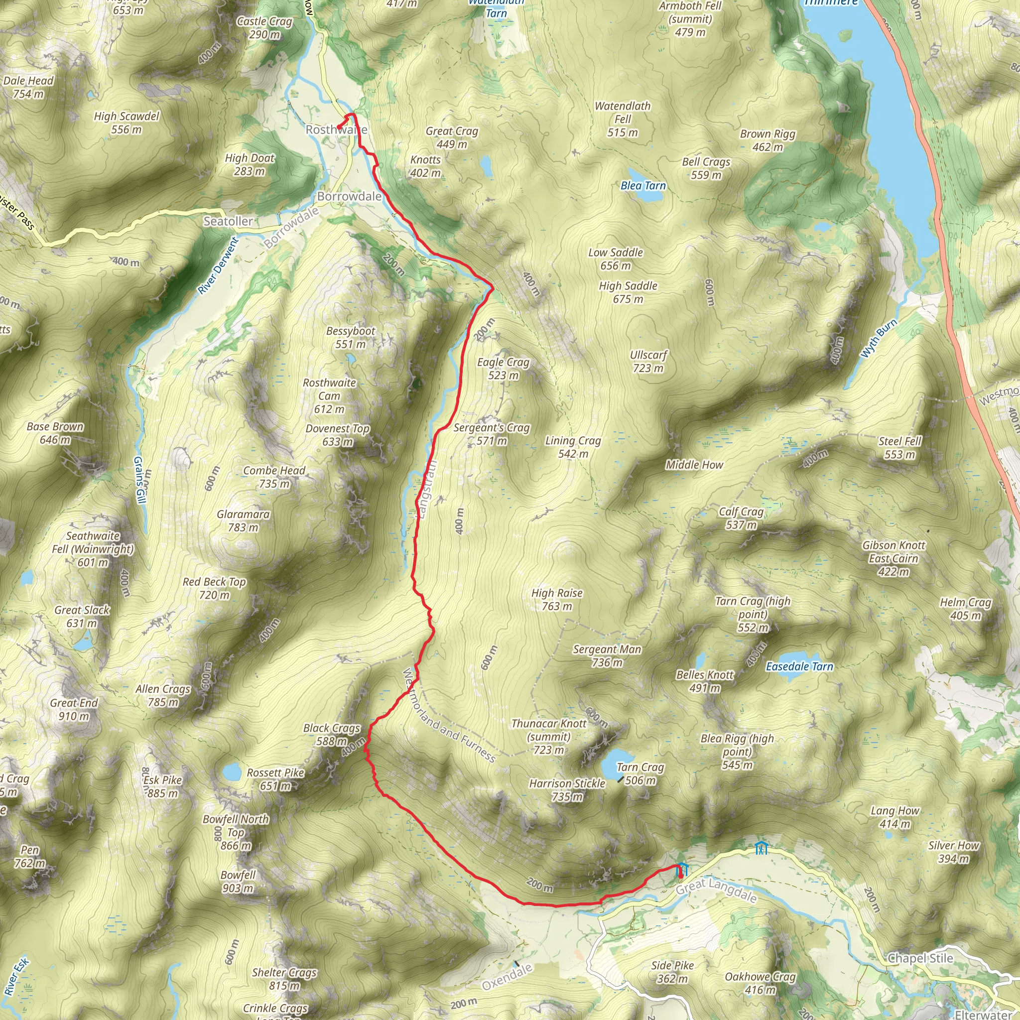 Great Langdale to Rosthwaite Walk mobile static map
