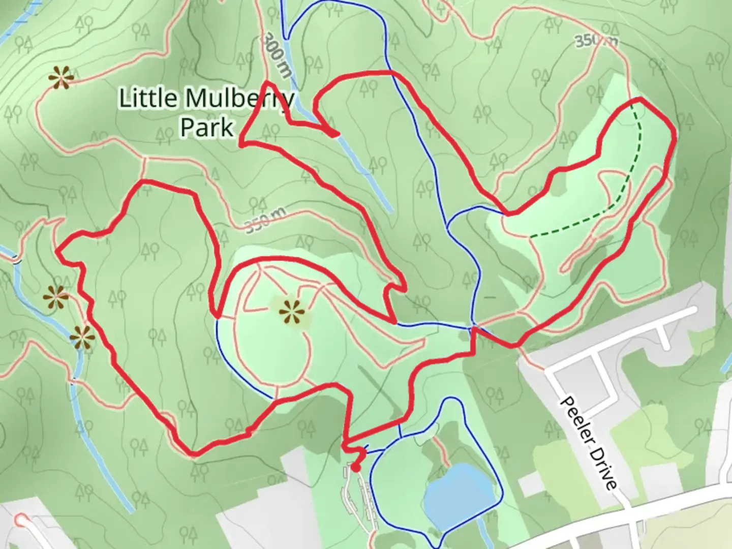 An image depicting the trail Little Mulberry Park - East and West Meadow Trail and its surrounding area.