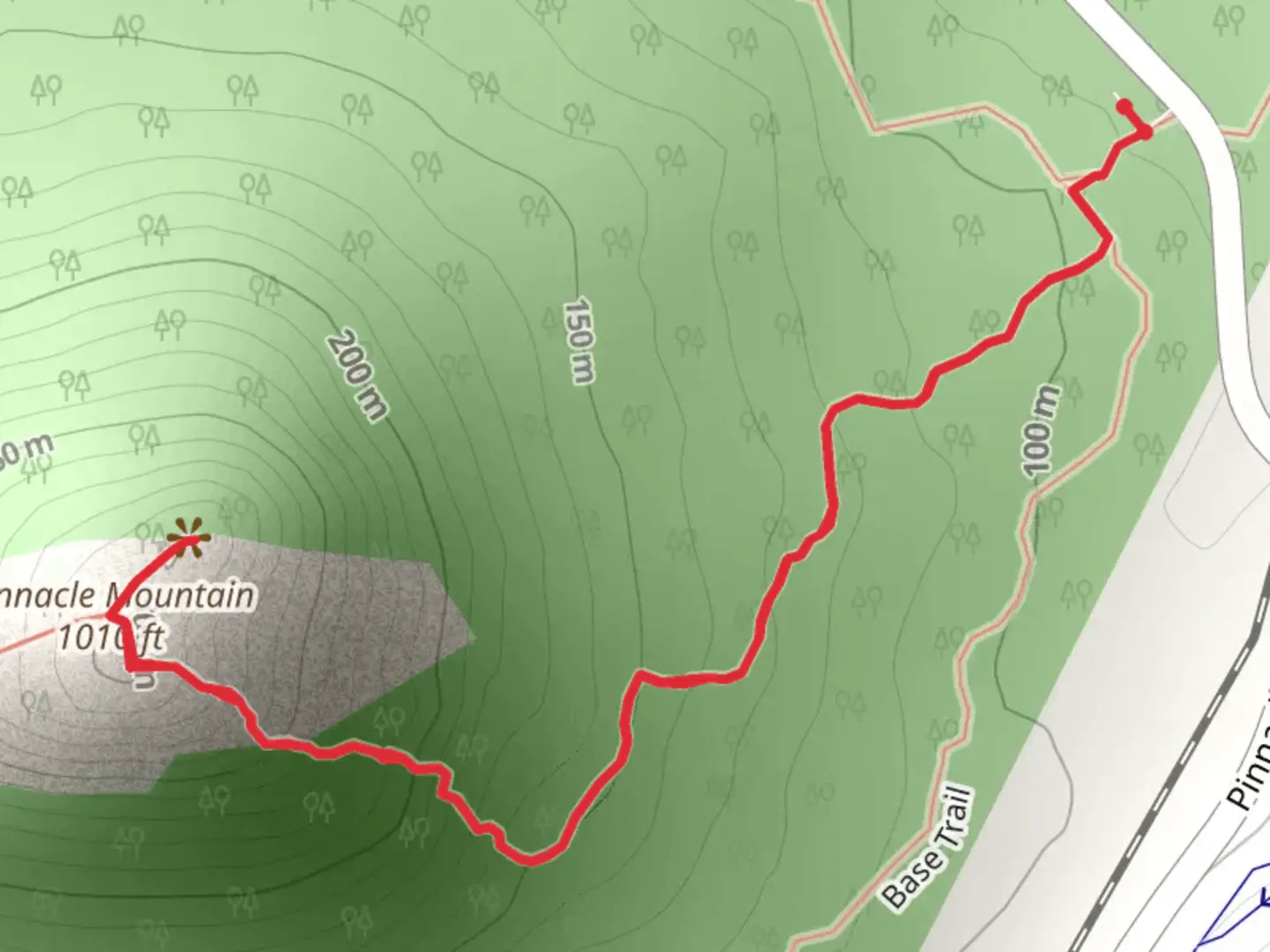 An image depicting the trail Pinnacle Mountain via East Summit Trail and its surrounding area.