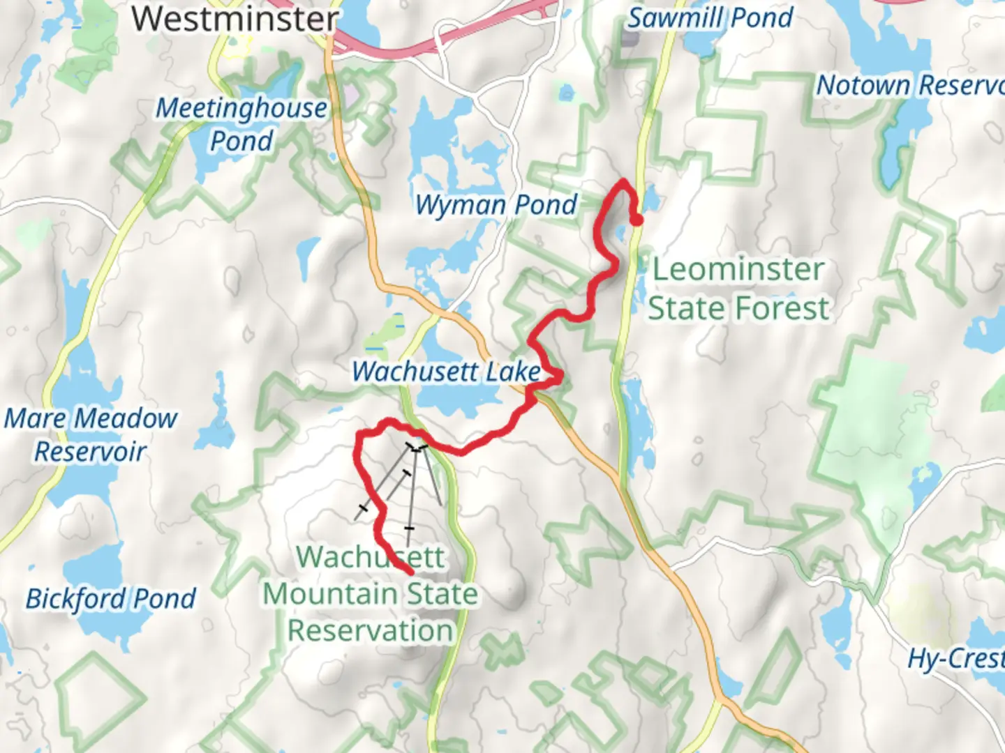 An image depicting the trail Mount Wachusett Trail via Crocker Pond and its surrounding area.