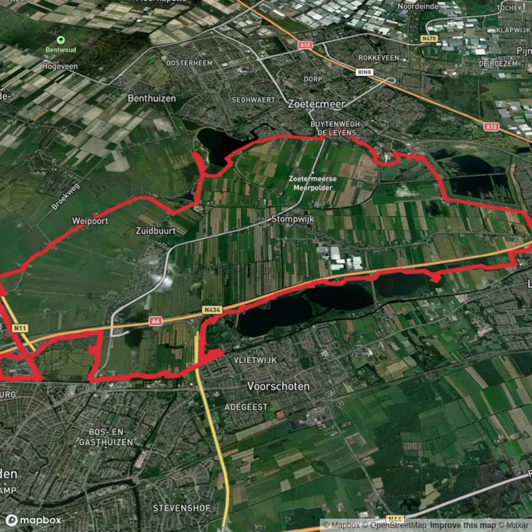 An image depicting the trail Zoetermeerse Plas and Vogelplas Starrevaart via Korte Kerkpad and Barrepad and its surrounding area.
