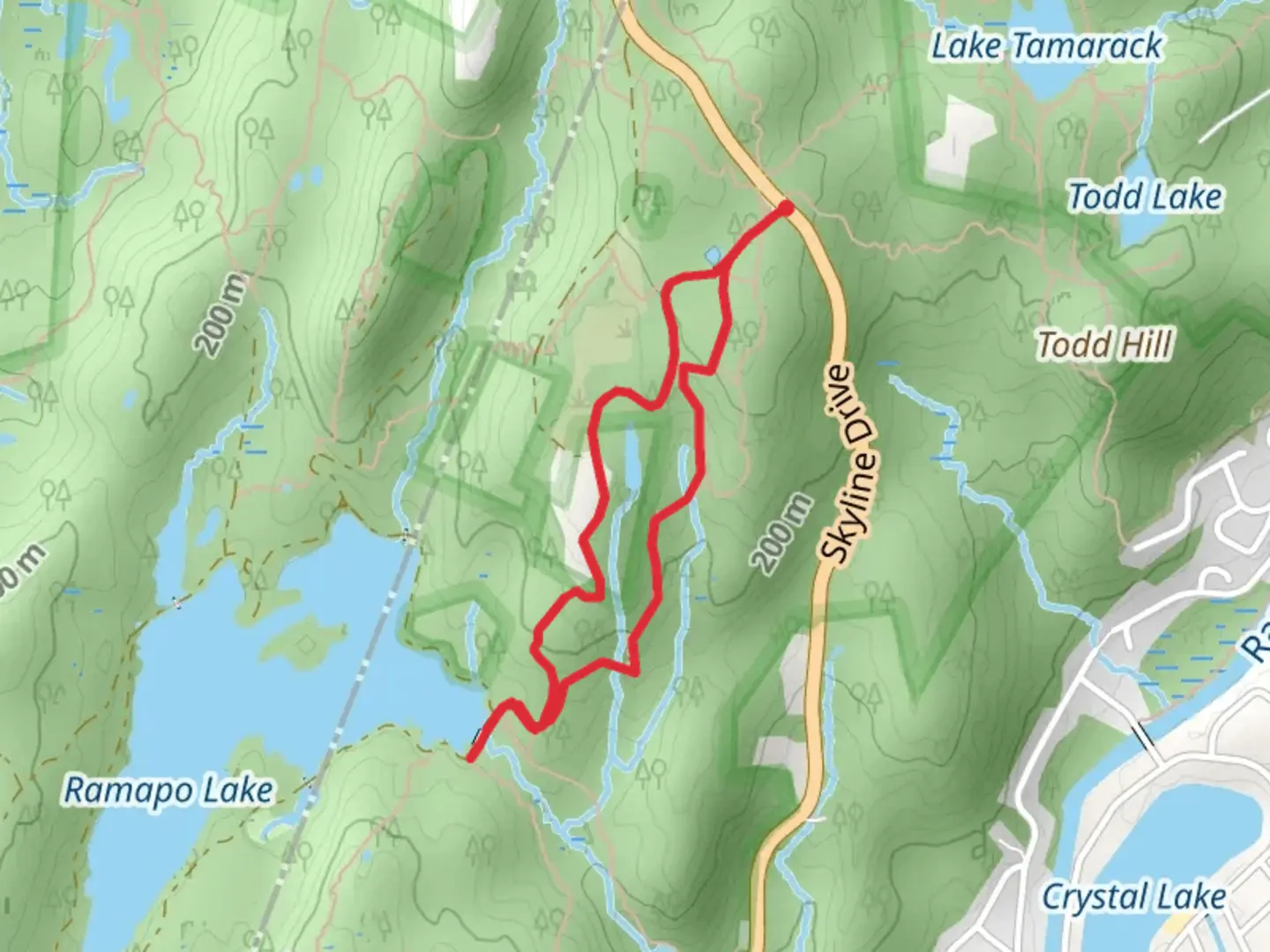 An image depicting the trail Ramapo Lake and Hoeferlin Memorial Loop Trail and its surrounding area.