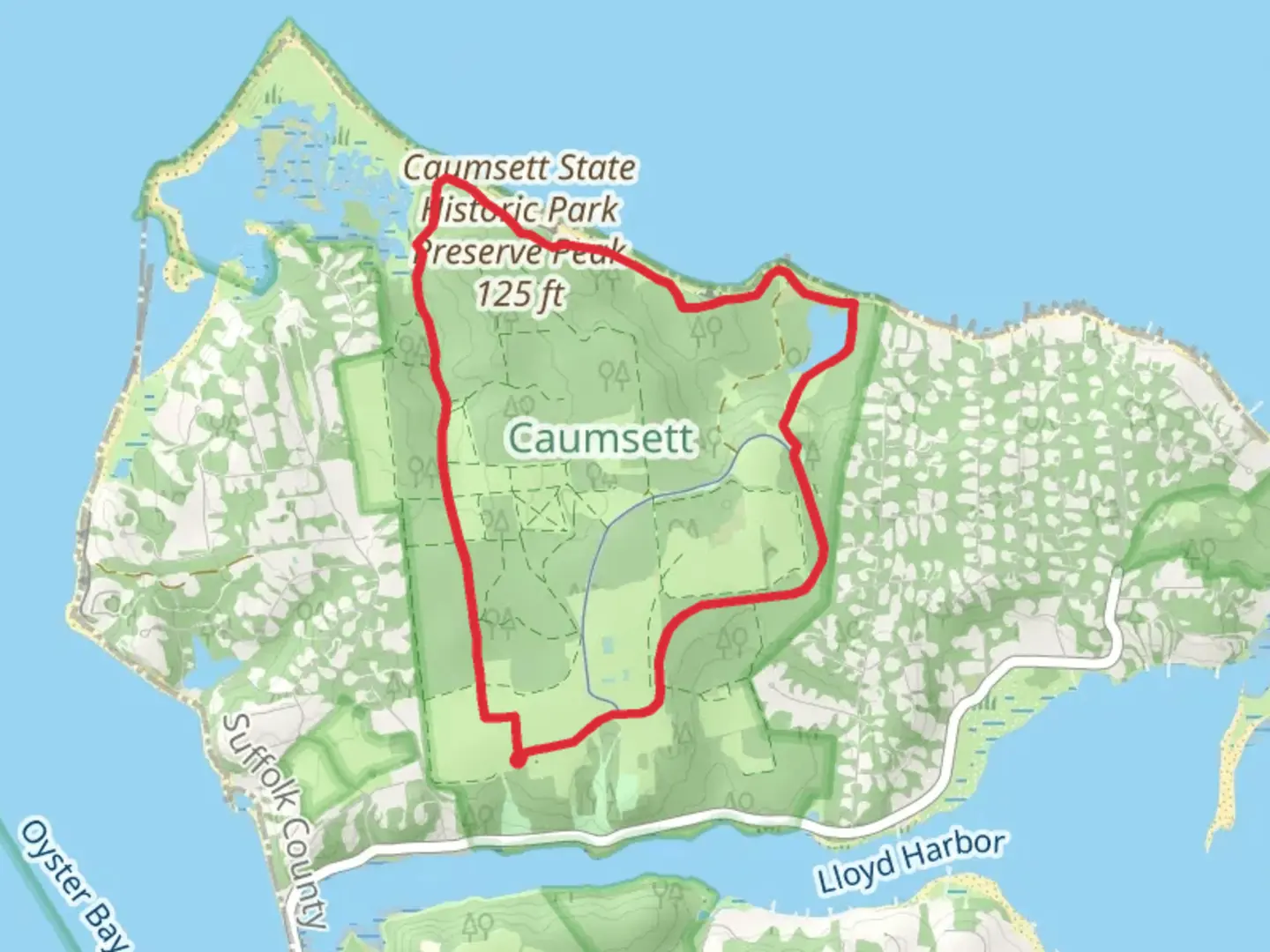 An image depicting the trail Caumsett State Park Loop and its surrounding area.