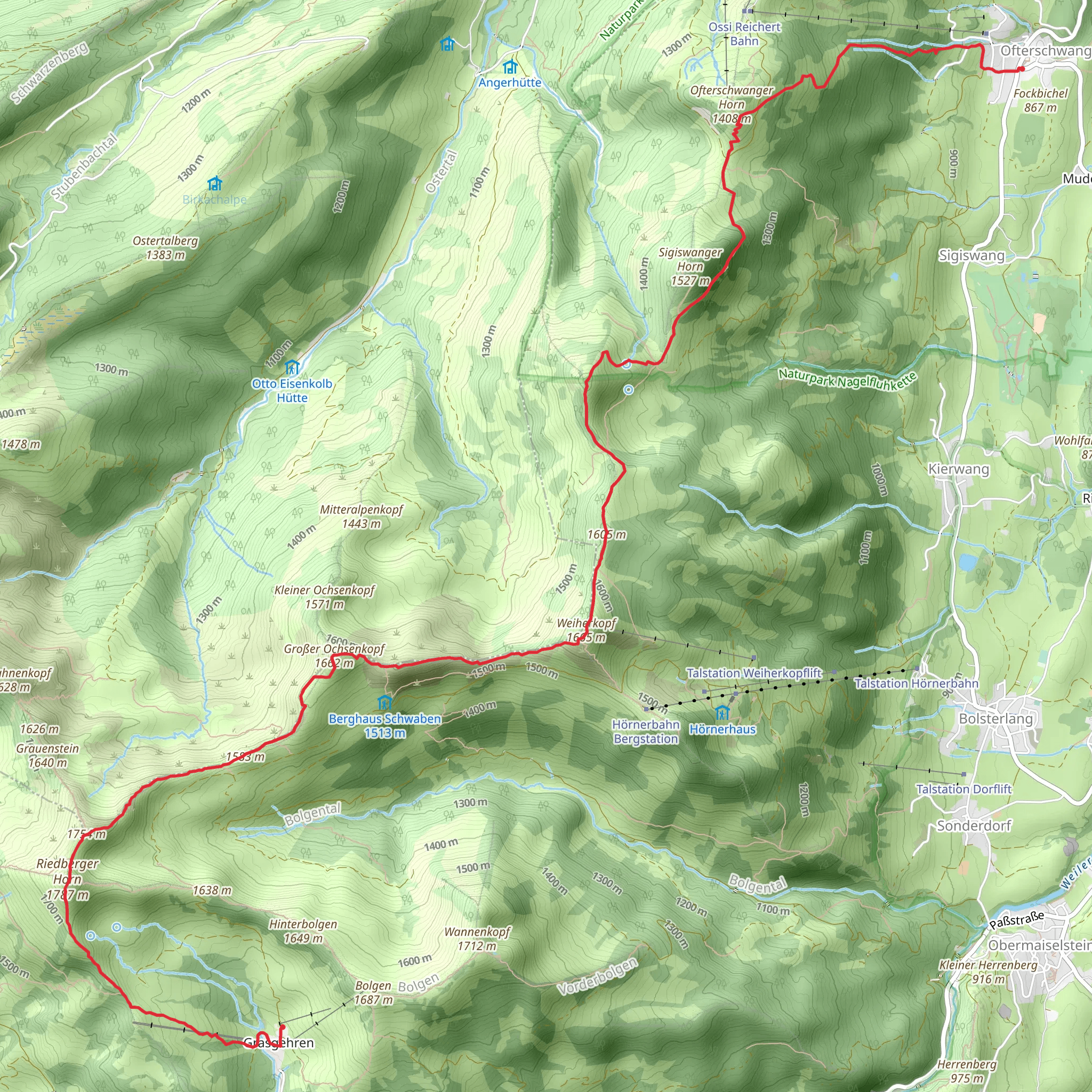 Grasgehren to Ofterschwang via Rangiswager Horn and Weiherkopf mobile static map