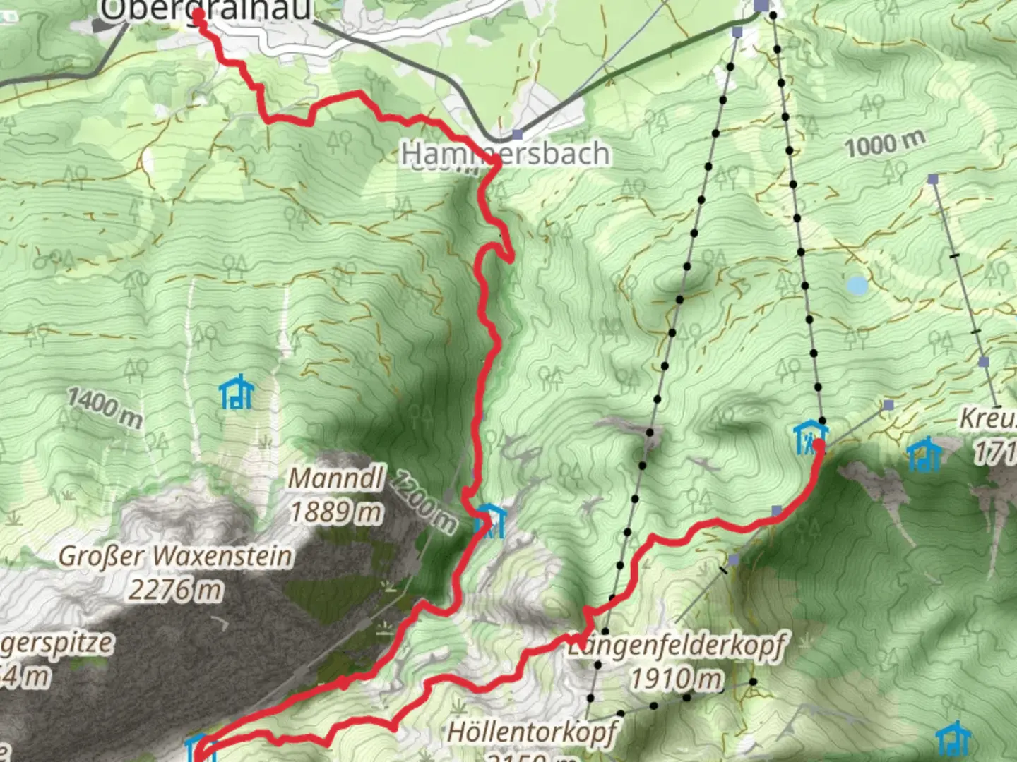 An image depicting the trail Grainau to Kreuzeck via AV Weg and Weg zum Hupfleitenjoch and its surrounding area.