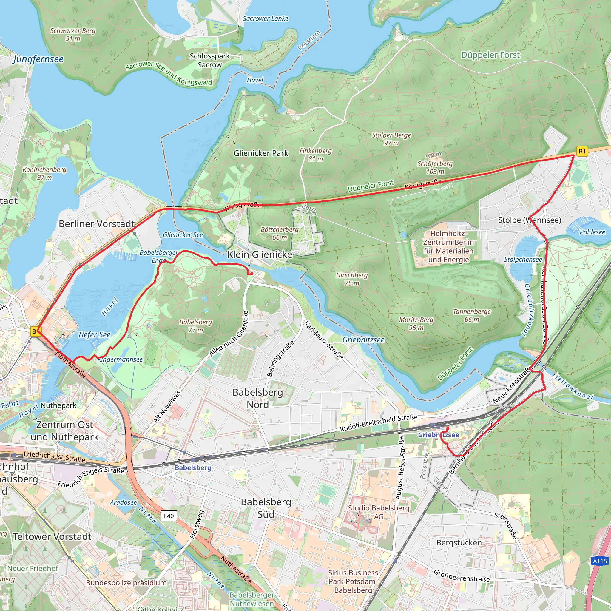 Park Babelsberg to Potsdam Griebnitzsee Walk mobile static map