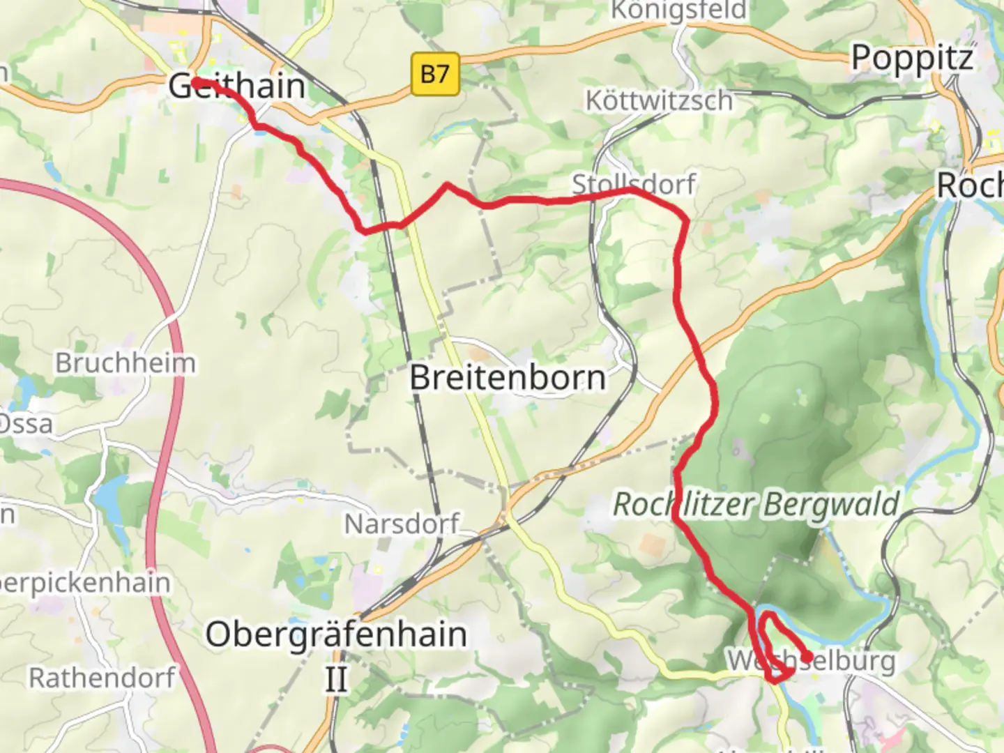 An image depicting the trail Wechselburg to Geithain via Porphyria Gesamtstrecke and its surrounding area.