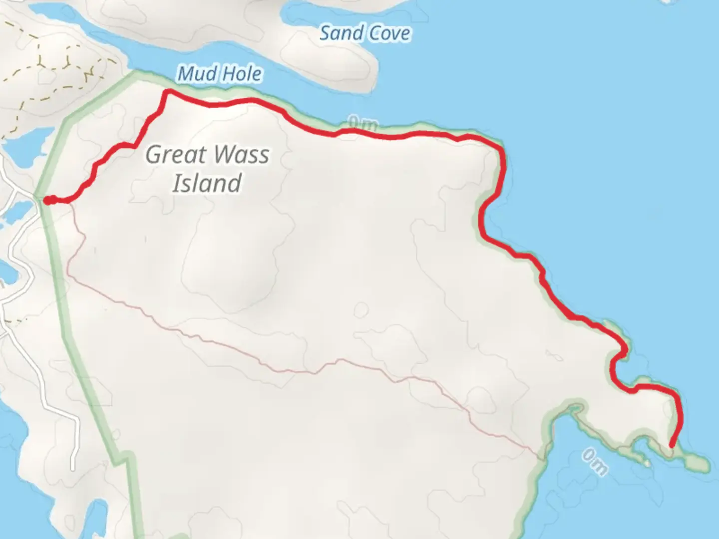 An image depicting the trail Great Wass Island Preserve from Black Duck Cove Road and its surrounding area.