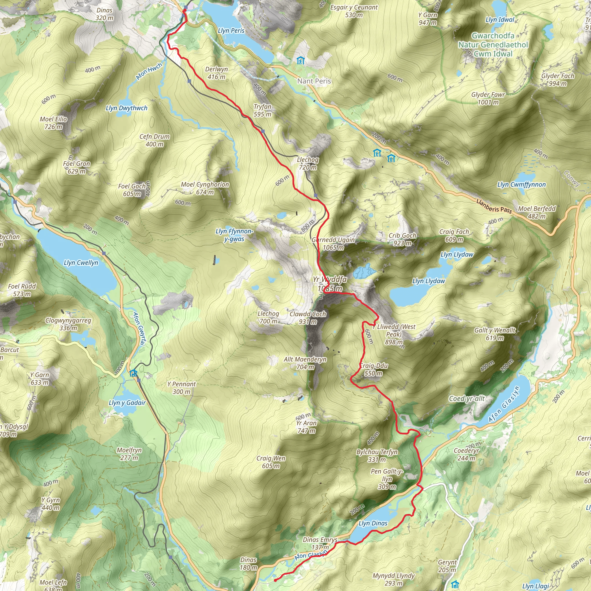 Hike from Llanberis over Snowden to Beddgelert mobile static map