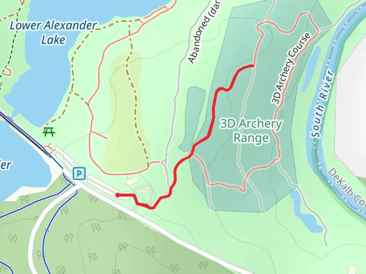 An image depicting the trail Three D Archery Course Out and Back and its surrounding area.