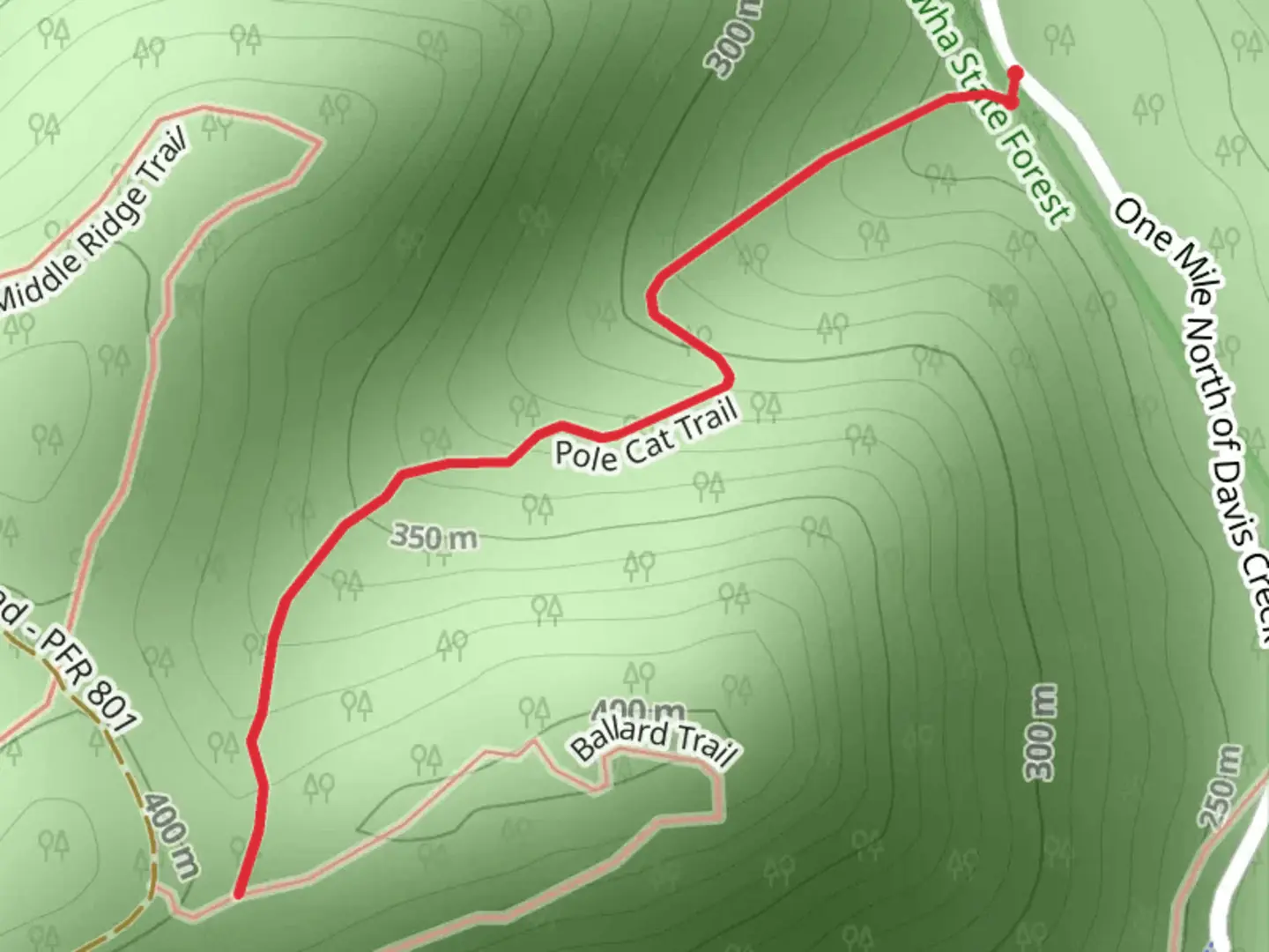 An image depicting the trail Pole Cat Trail and its surrounding area.
