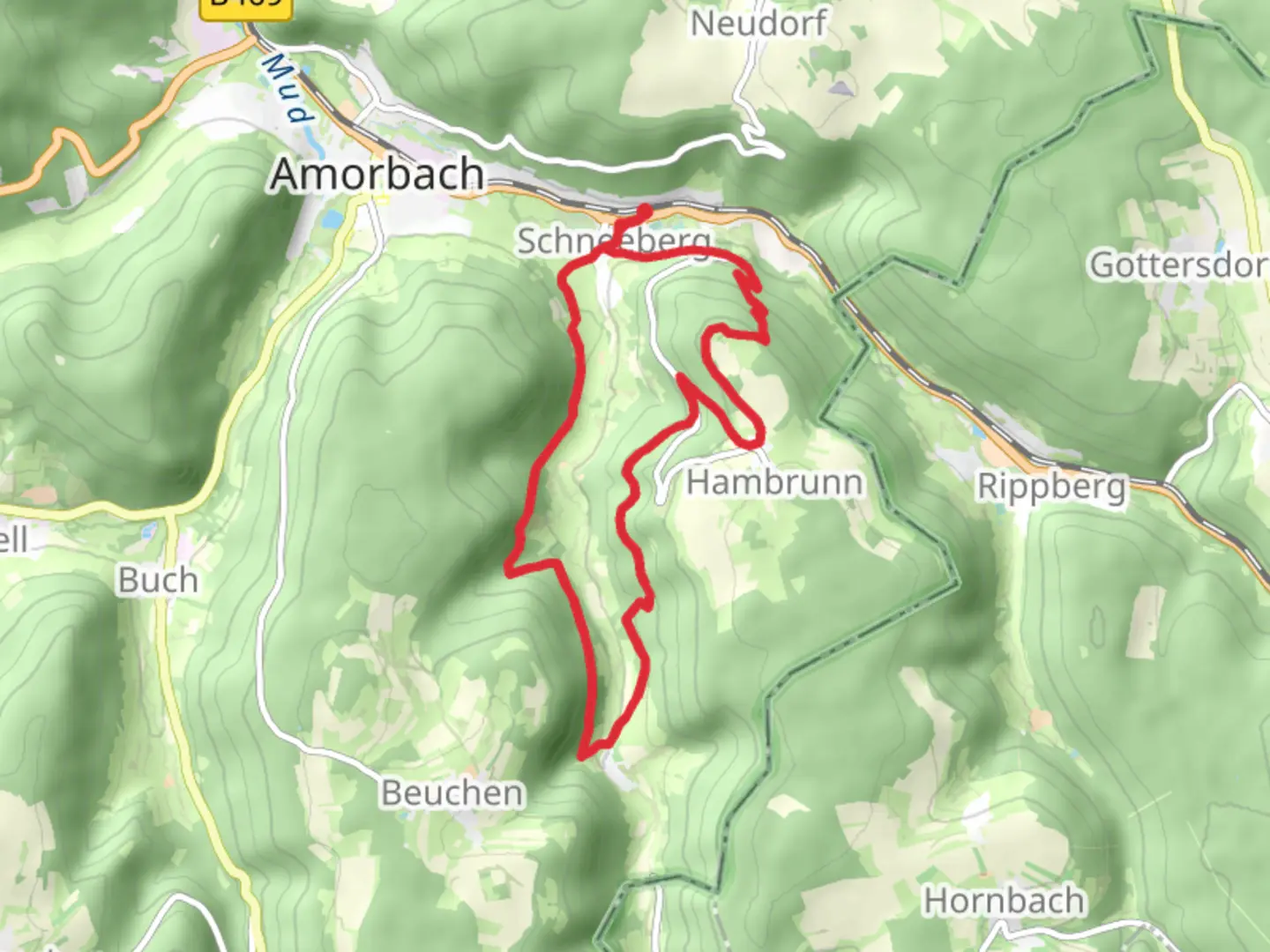 An image depicting the trail Nibelungensteig from Schneeberg and its surrounding area.