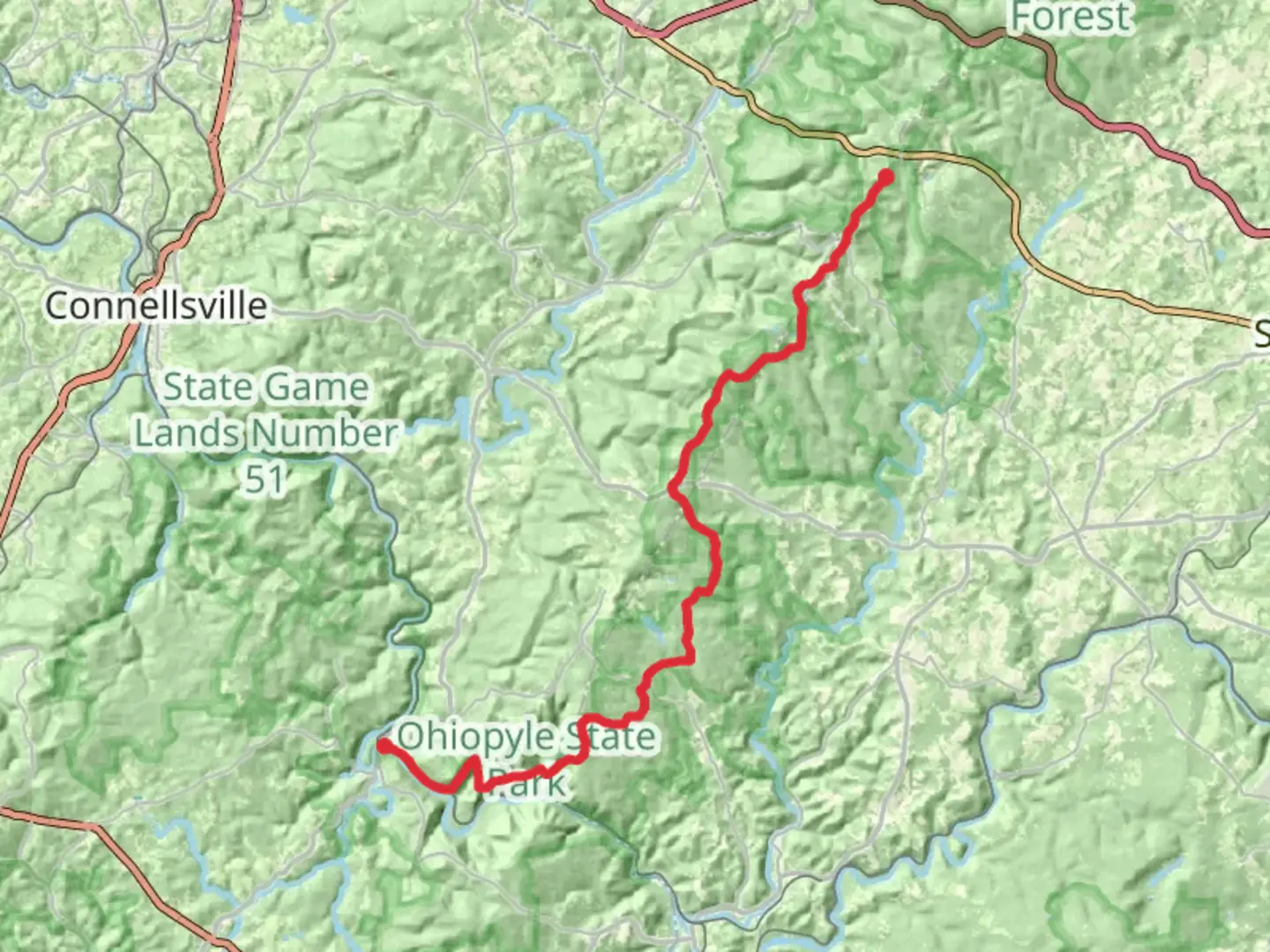 An image depicting the trail Garrett Street to Fire Tower Road via Laurel Highlands Hiking Trail and its surrounding area.
