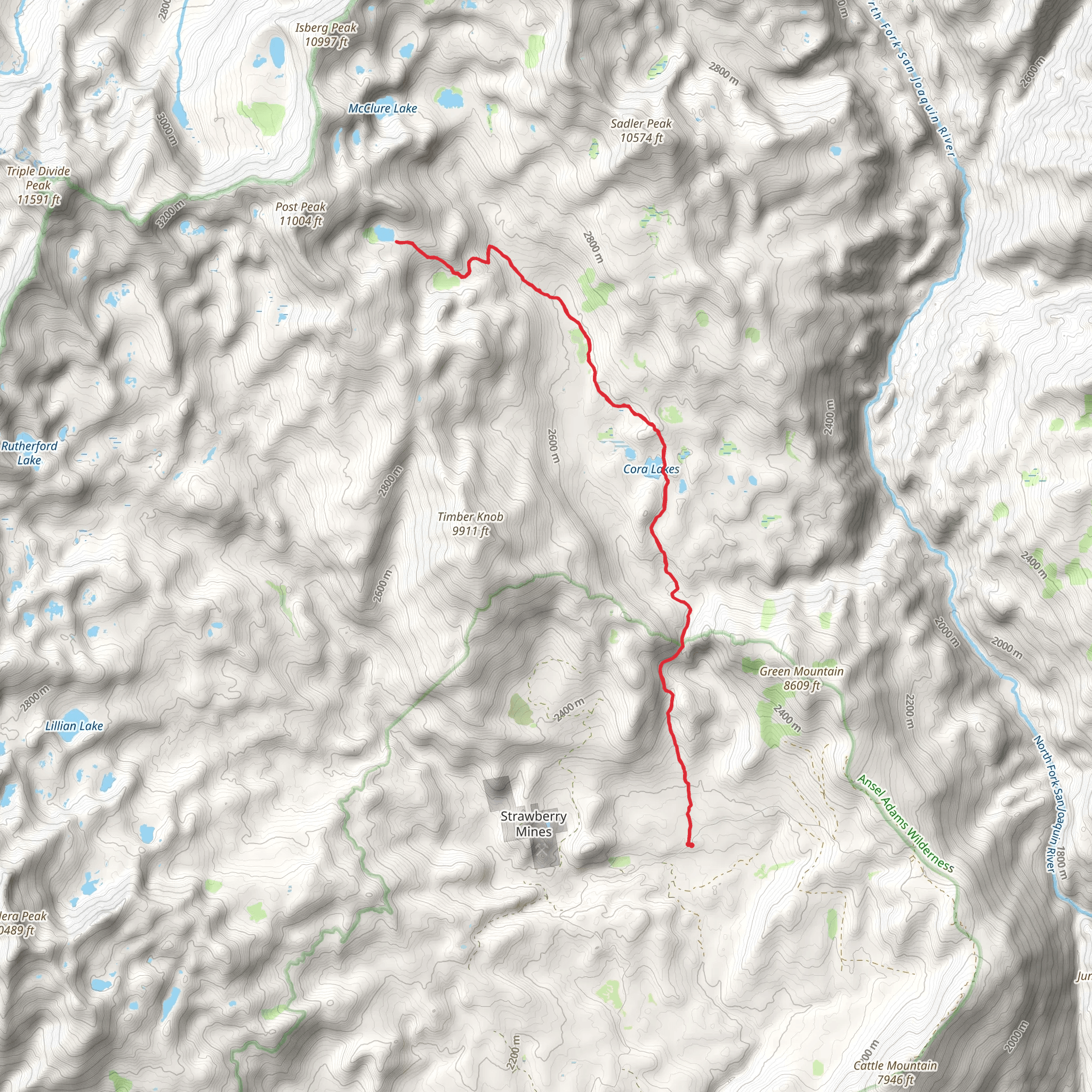 Joe Crane Lake and Cora Lakes via Isberg Trail mobile static map