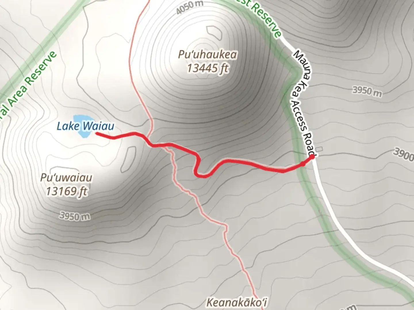 An image depicting the trail Lake Waiau from Mauna Kea Access Road and its surrounding area.