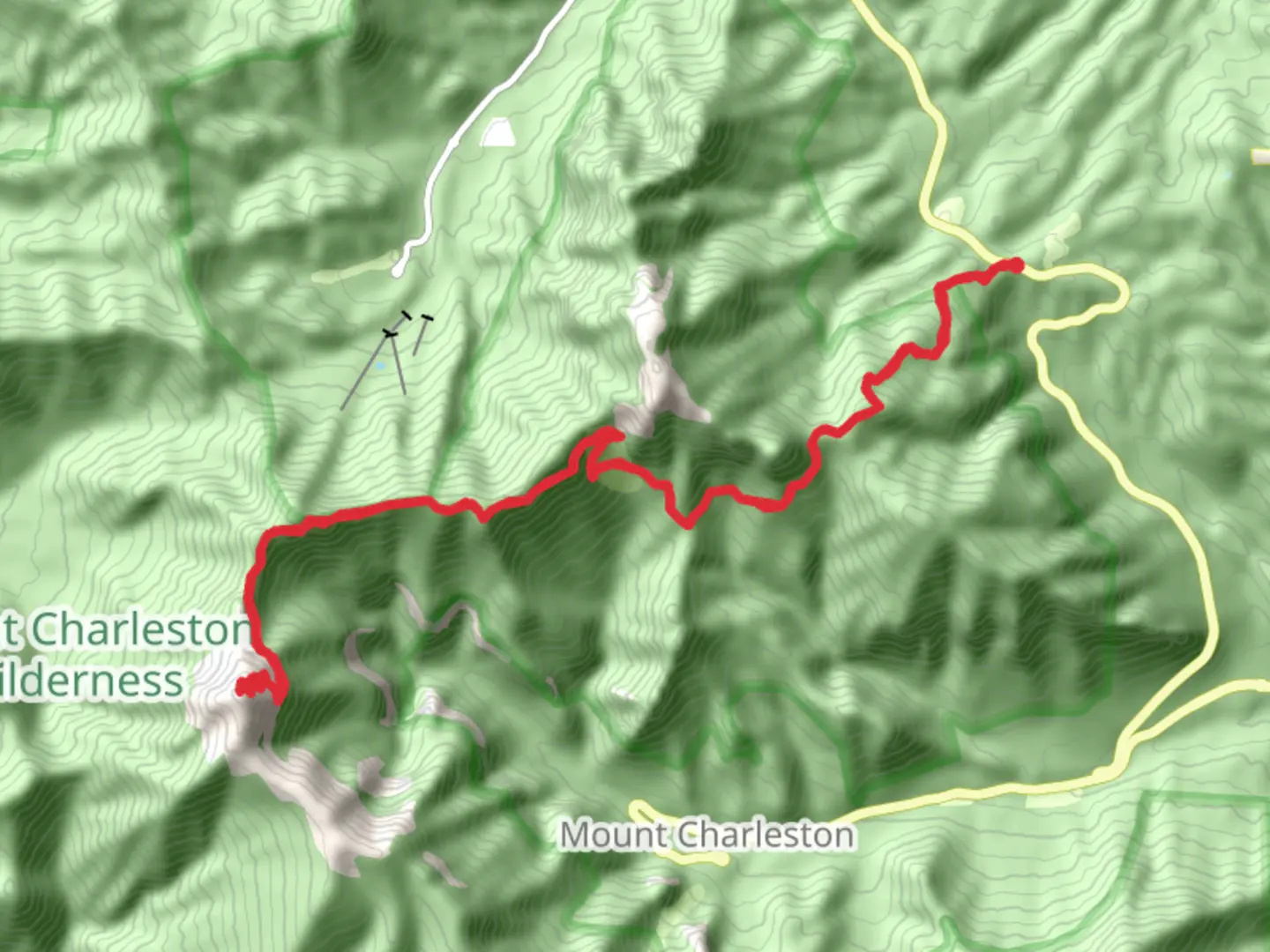 An image depicting the trail Charleston Peak Trail North Loop - Long and its surrounding area.