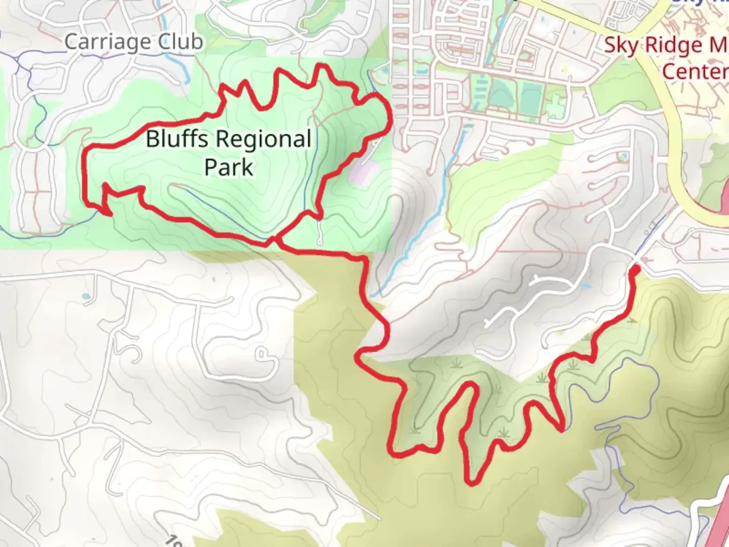 An image depicting the trail Bluffs Regional Park Loop via East-West Regional Trail and its surrounding area.