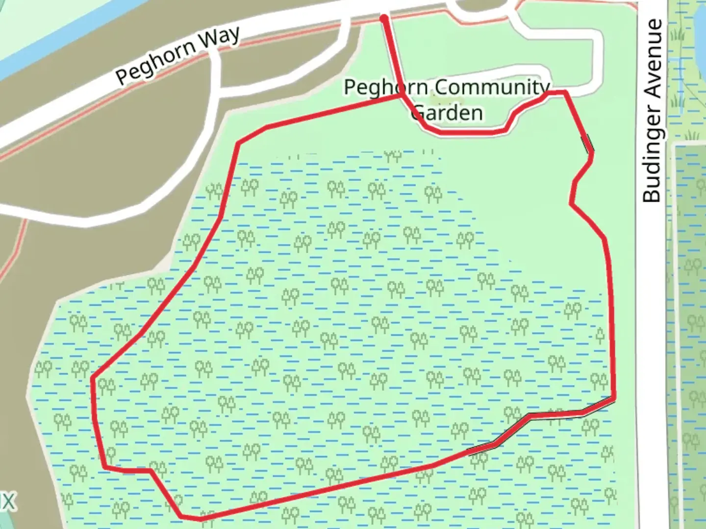 An image depicting the trail Peghorn Community Garden Loop and its surrounding area.