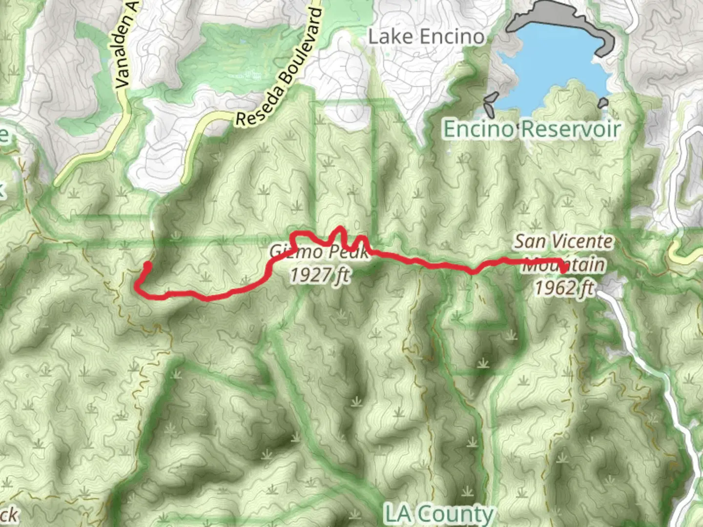 An image depicting the trail Mulholland Drive - Reseda Boulevard and its surrounding area.