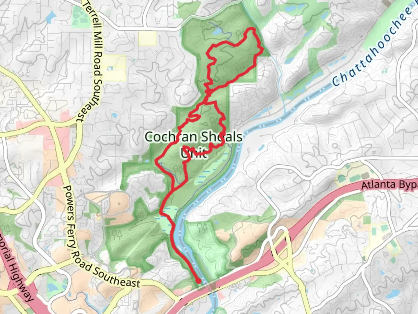 An image depicting the trail Cochran Shoals and Sope Creek Loop and its surrounding area.