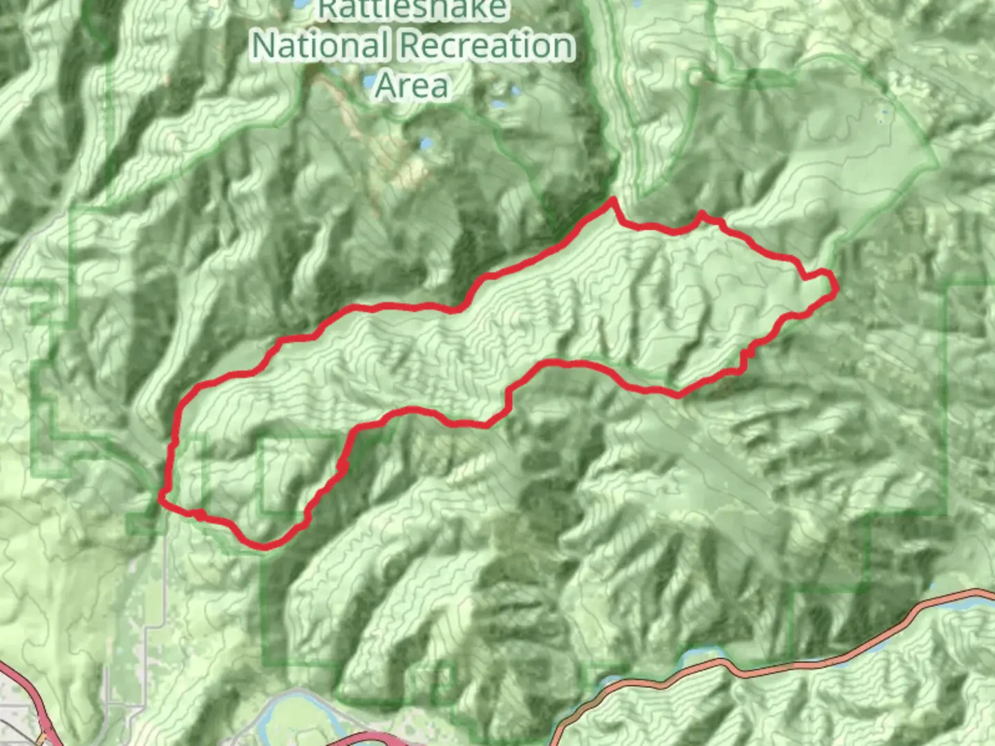 An image depicting the trail Woods Gulch, Sheep Mountain and Rattlesnake Loop Trail and its surrounding area.