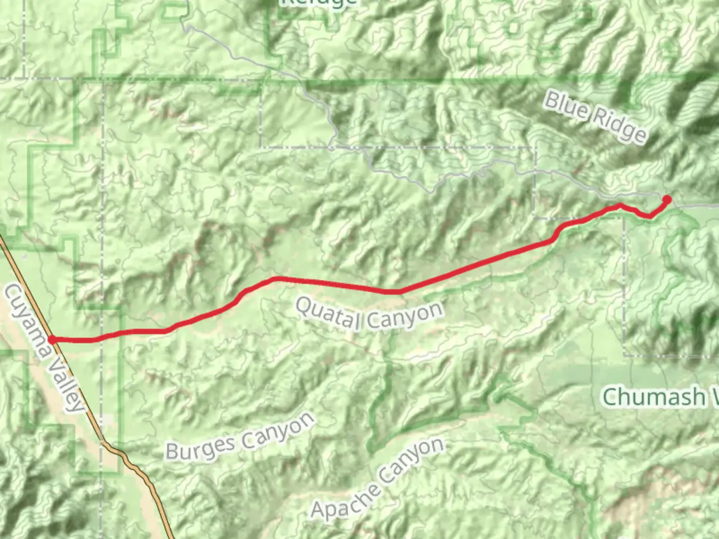 An image depicting the trail Quatal Canyon Road and its surrounding area.