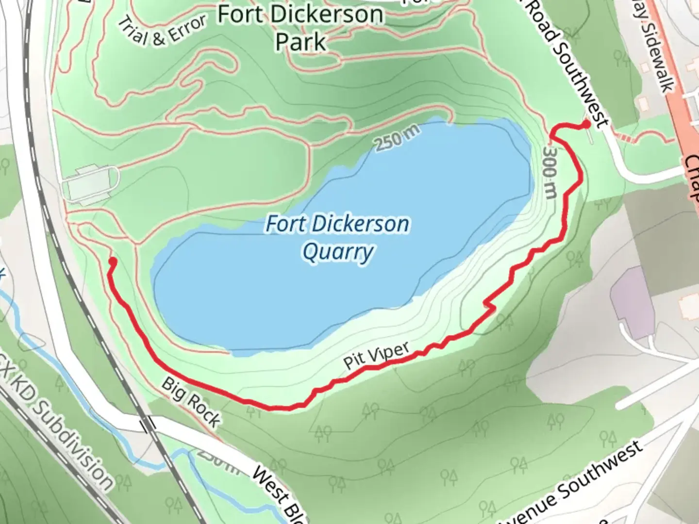 An image depicting the trail Fort Dickerson Quarry and its surrounding area.