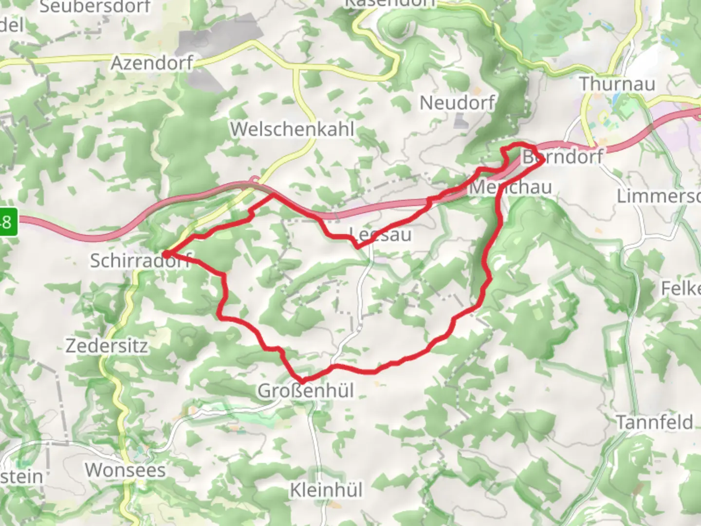An image depicting the trail Schirradorf to Berndorf Loop and its surrounding area.