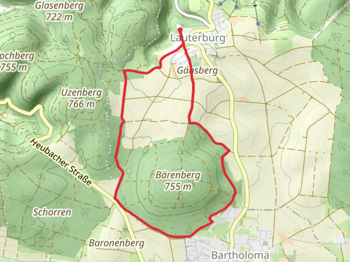 An image depicting the trail Bärenberg Loop from Lauterburg and its surrounding area.