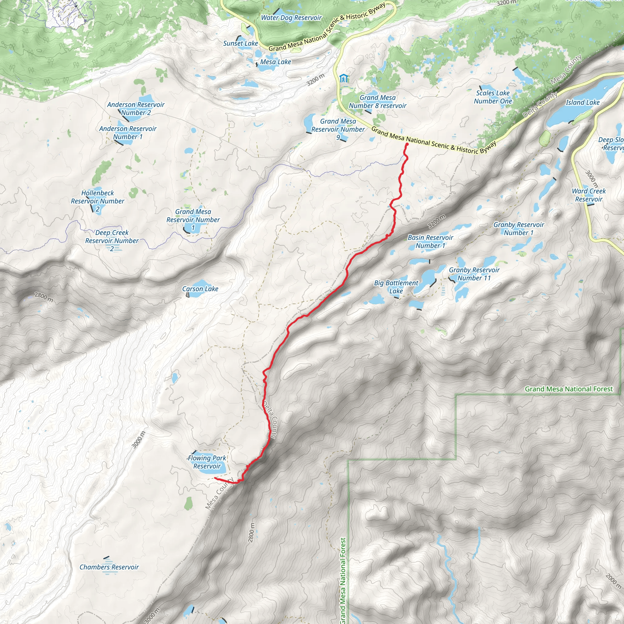 Flowing Park Reservoir via Mesa Top Trail mobile static map