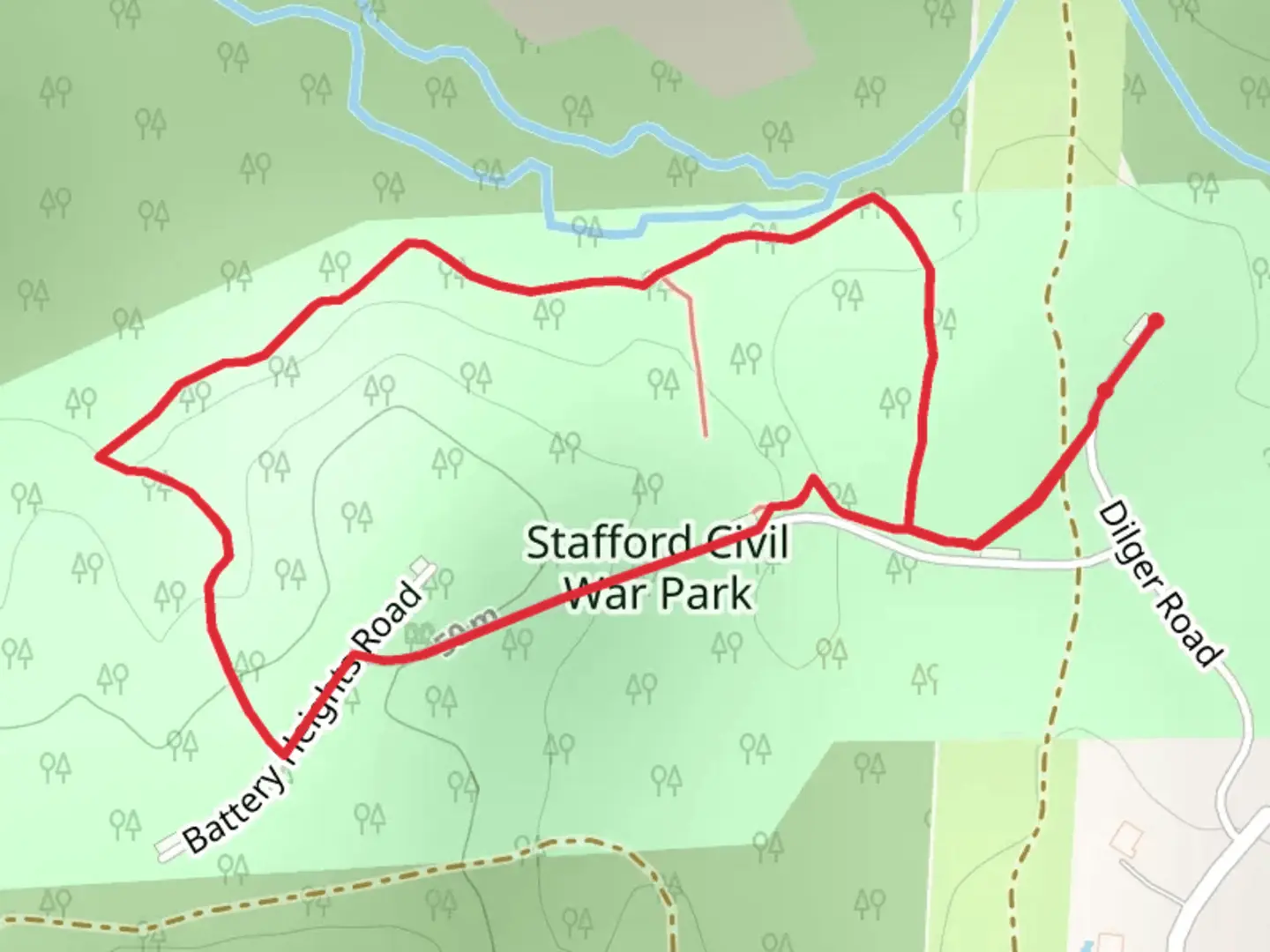 An image depicting the trail Battery Heights Road and Accokeek Creek Loop and its surrounding area.