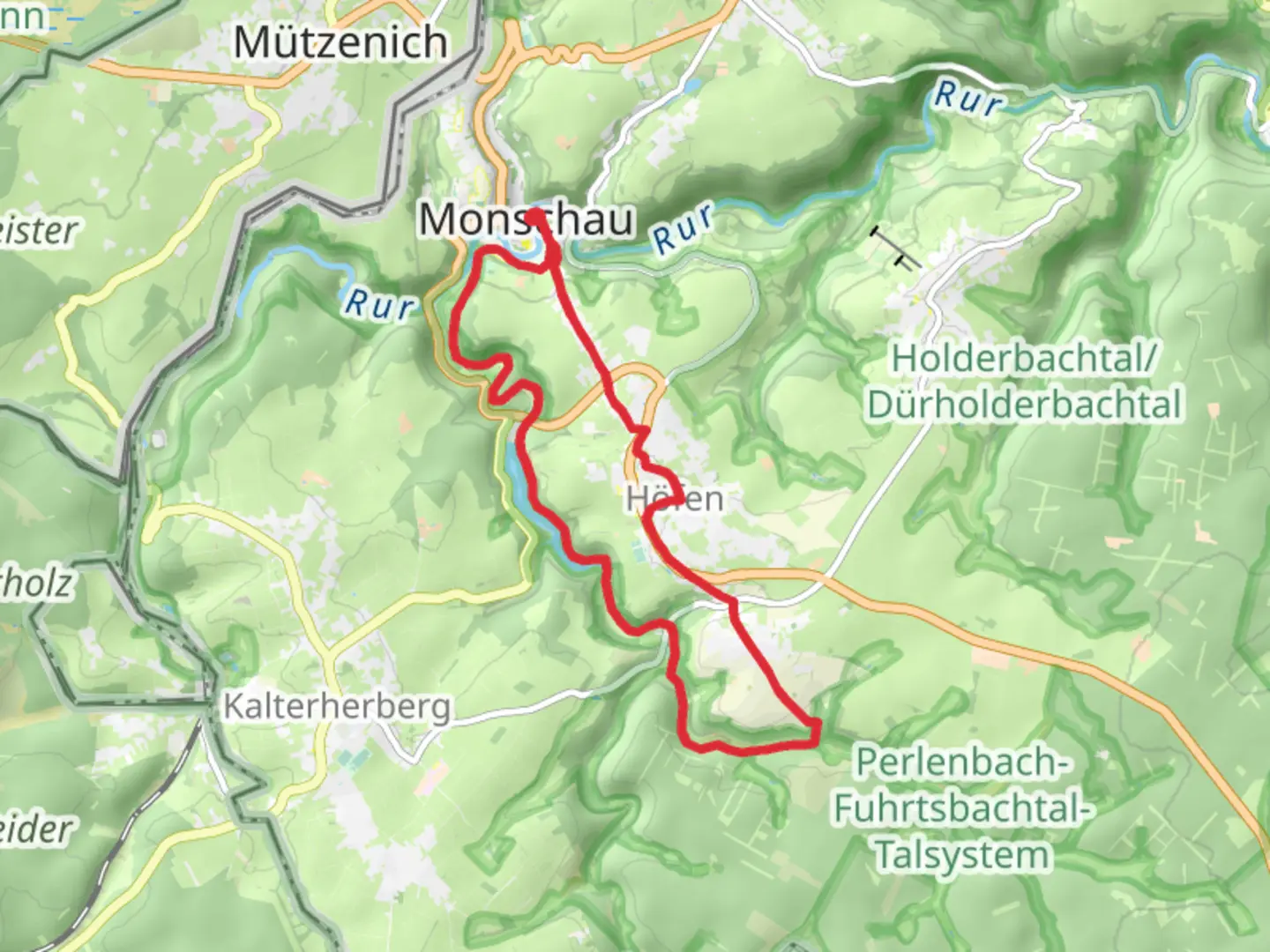 An image depicting the trail Monschau to Alzen Loop via Perlenbachtalsperre and its surrounding area.