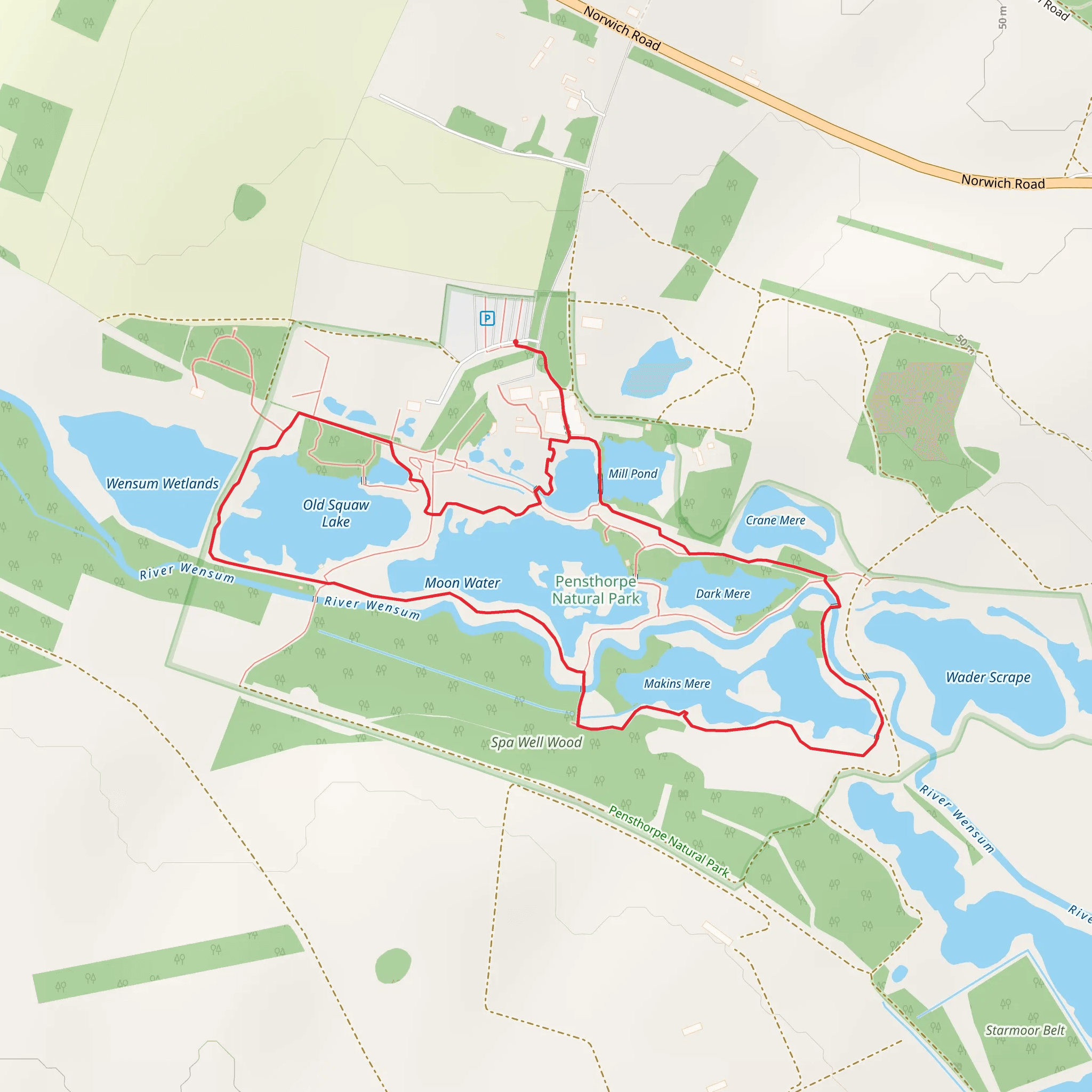 Porter, Old Squaw and Sharmans Lake Loop - Pensthorpe Nature Reserve mobile static map
