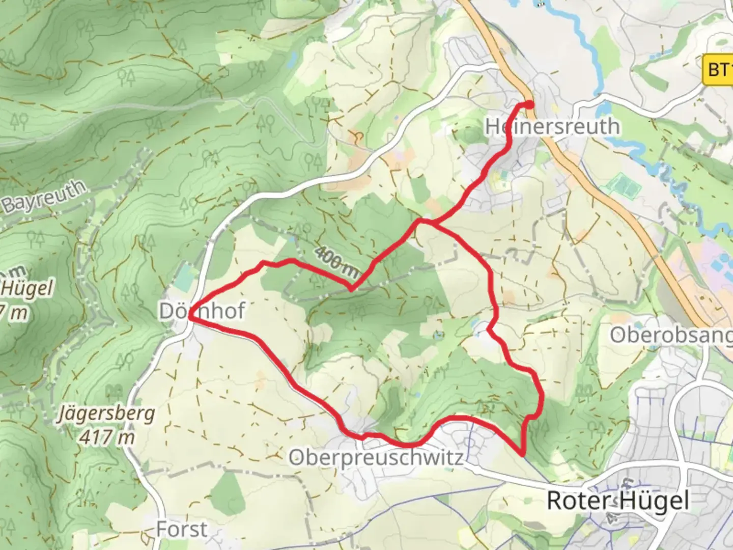 An image depicting the trail Oberpreuschwitz and Dornhof Loop from Heinersreuth and its surrounding area.