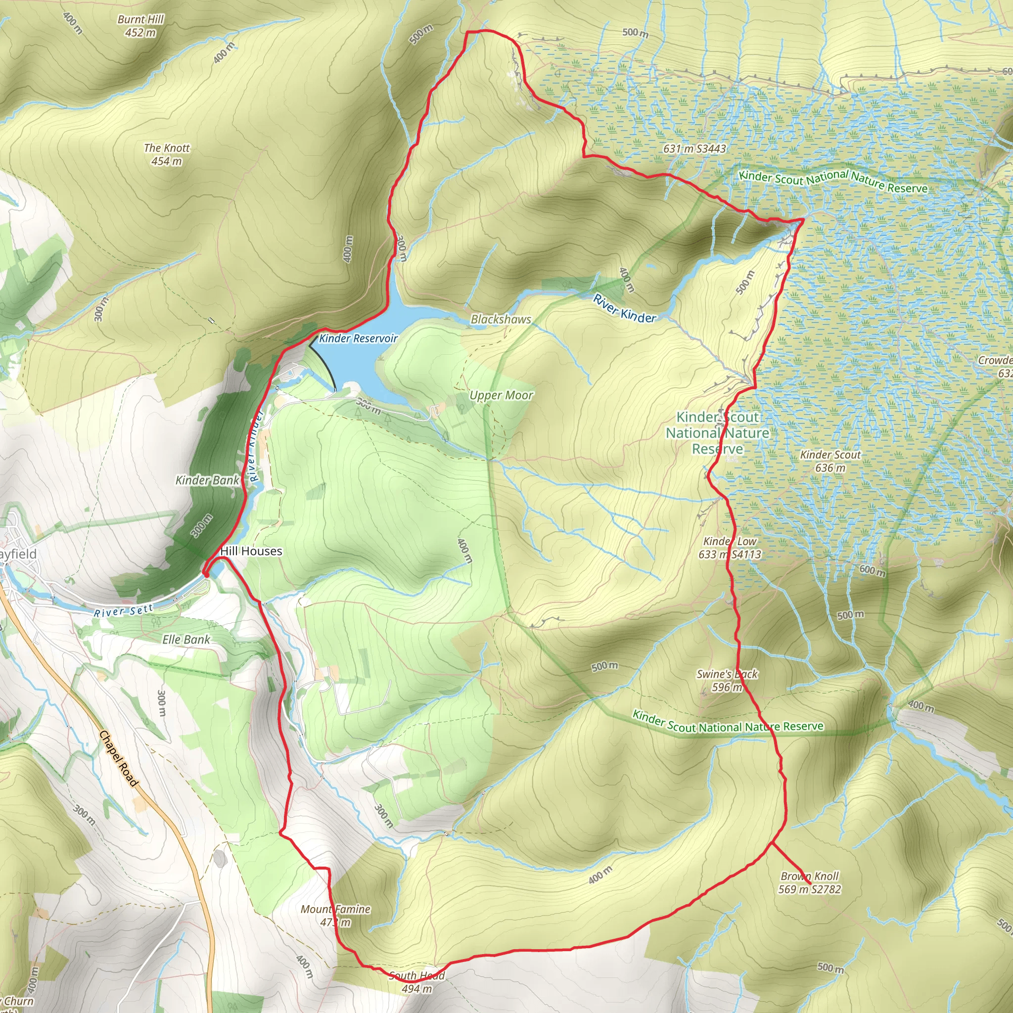 Kinder Reservoir, Kinder Downfall, Kinder Low and South Head Loop - Hill Houses mobile static map