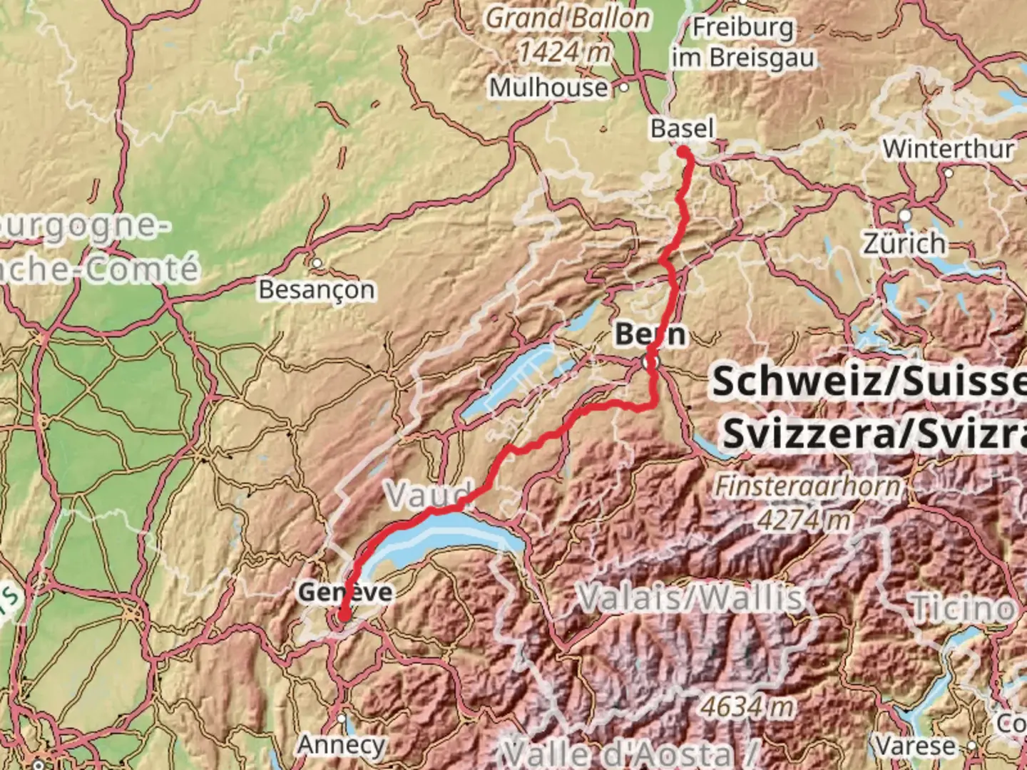 An image depicting the trail Camino Basel-Geneva via Bern and its surrounding area.