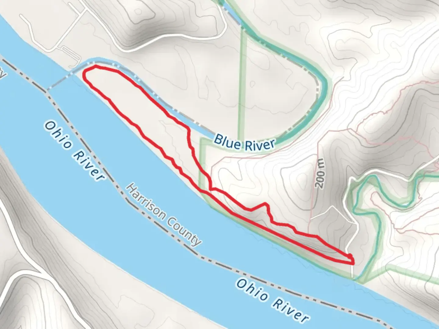 An image depicting the trail Ohio River - Blue River Bluff Trail and its surrounding area.
