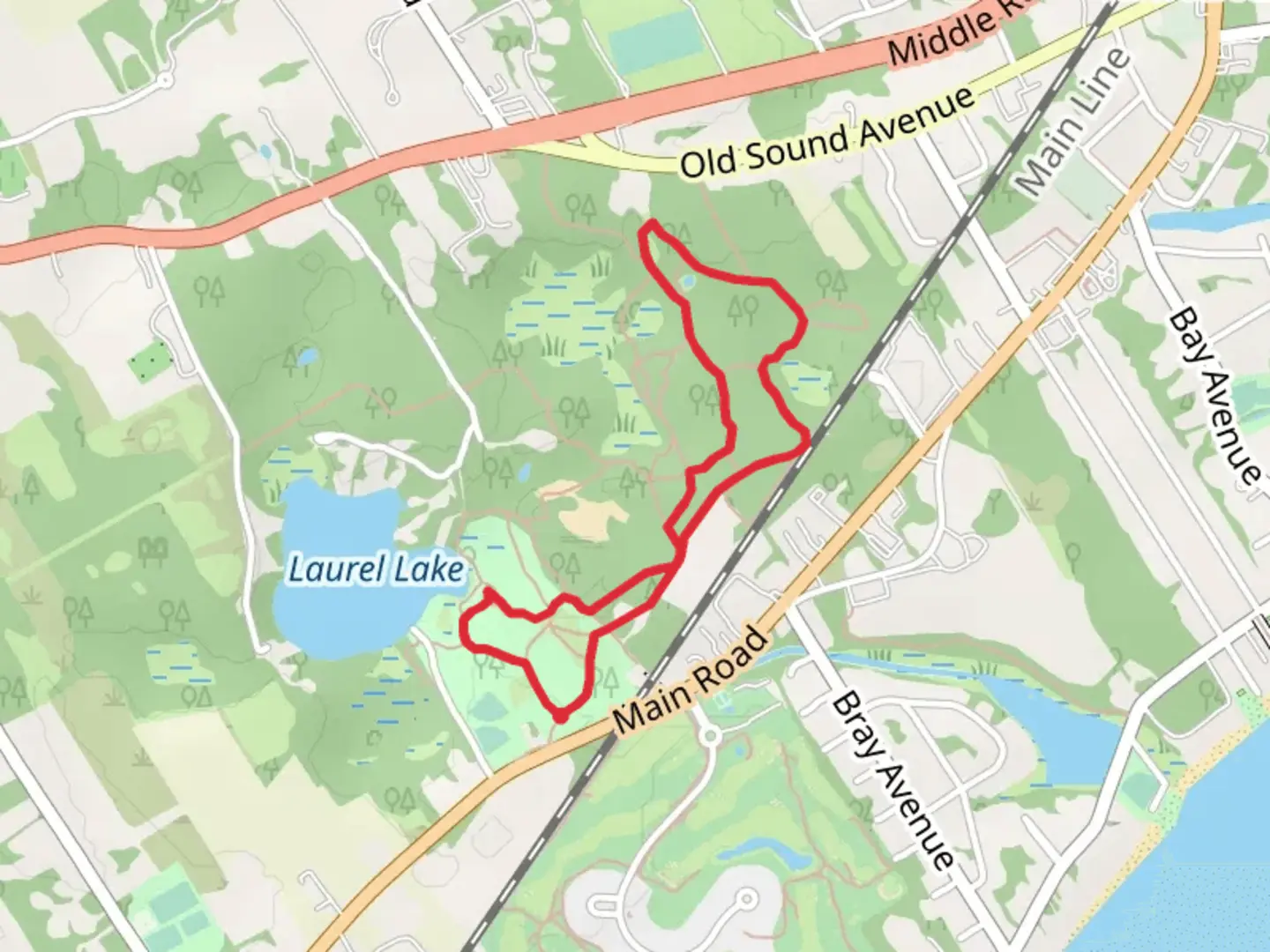 An image depicting the trail Laurel Lake Preserve Loop Trail and its surrounding area.