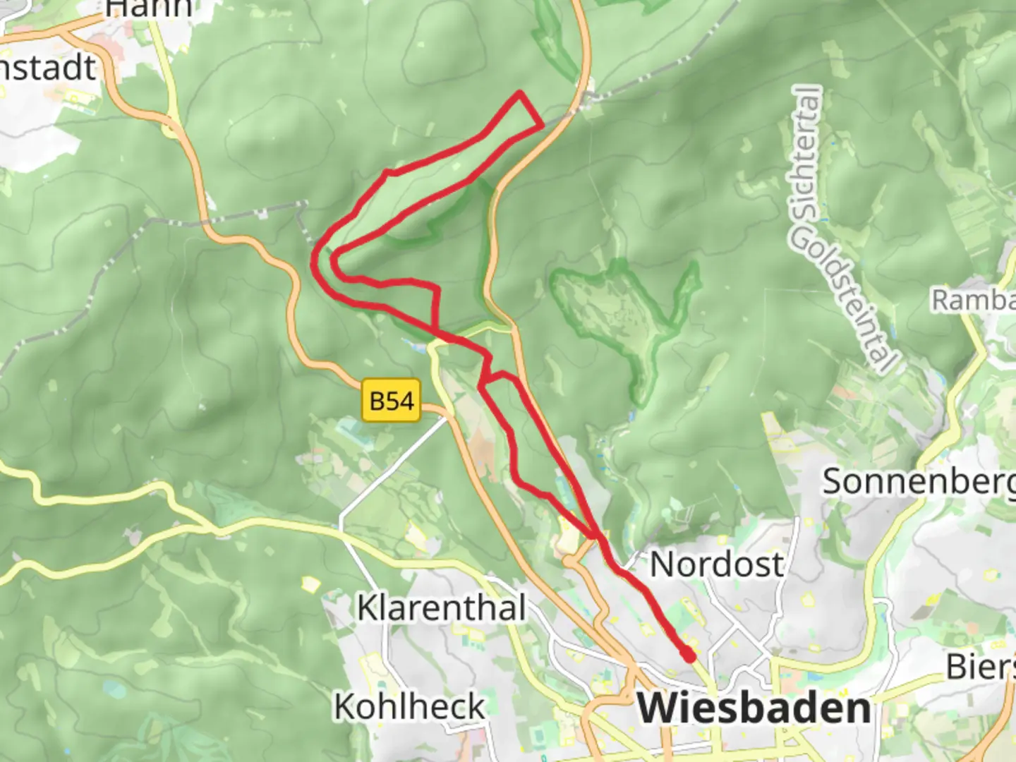 An image depicting the trail Wehener Wand und Renmauer Wiesbaden Short Loop and its surrounding area.